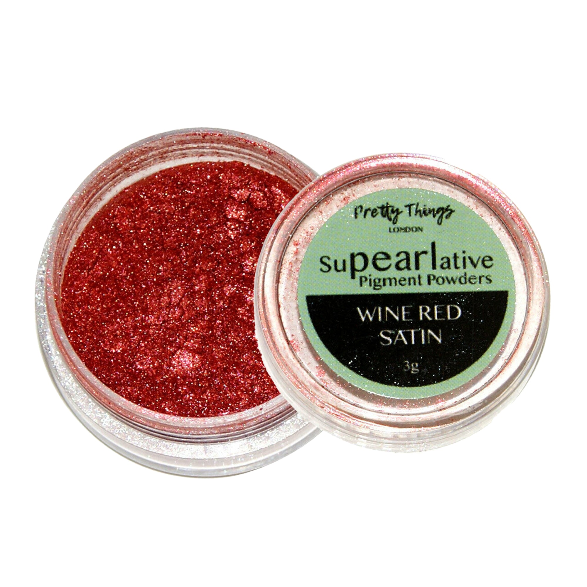 Pretty Things London Supearlative Pigment Powders Wine Red Satin 3g in an open container showing vibrant, shimmering gold pigment.