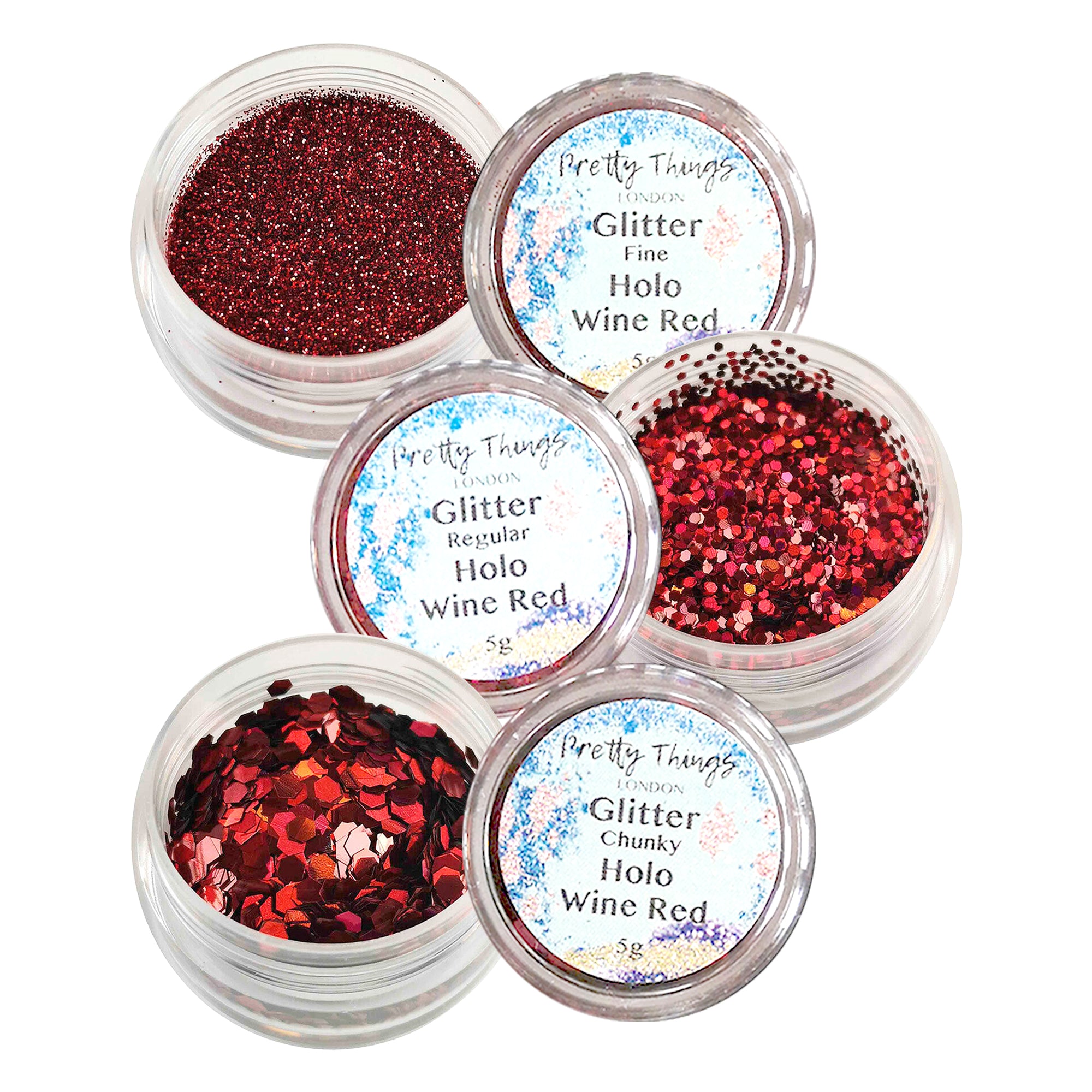 1.	Pretty Things London Wine Red Glitter Trio - Fine, Regular, and Chunky Holographic Glitters