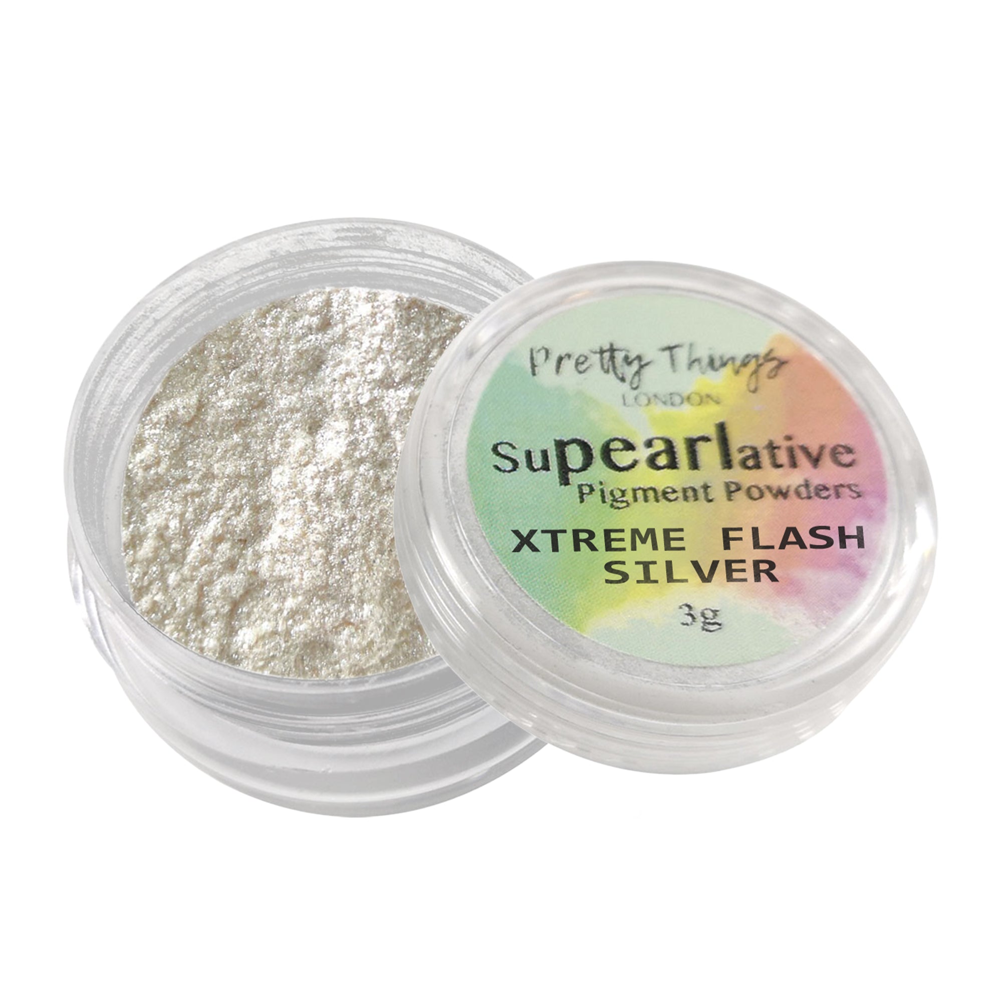 Pretty Things London Supearlative Pigment Powders Xtreme Flash Silver 3g in an open container showing vibrant, shimmering gold pigment.