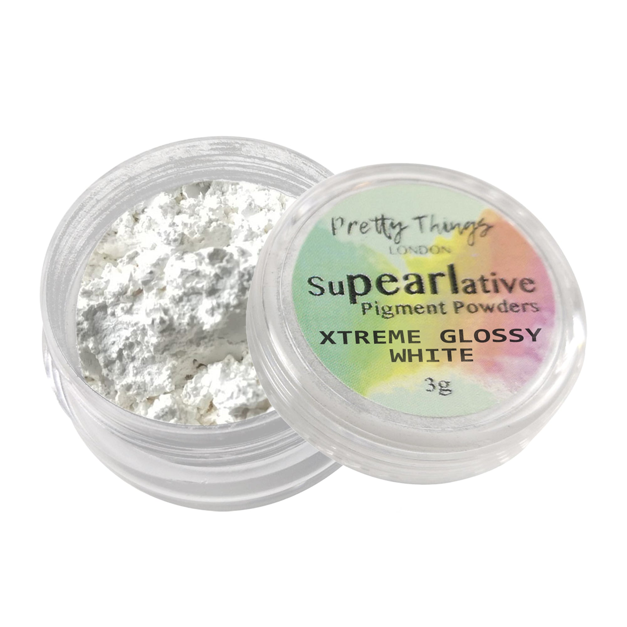 Pretty Things London Supearlative Pigment Powders Xtreme Glossy White 3g in an open container showing vibrant, shimmering gold pigment.