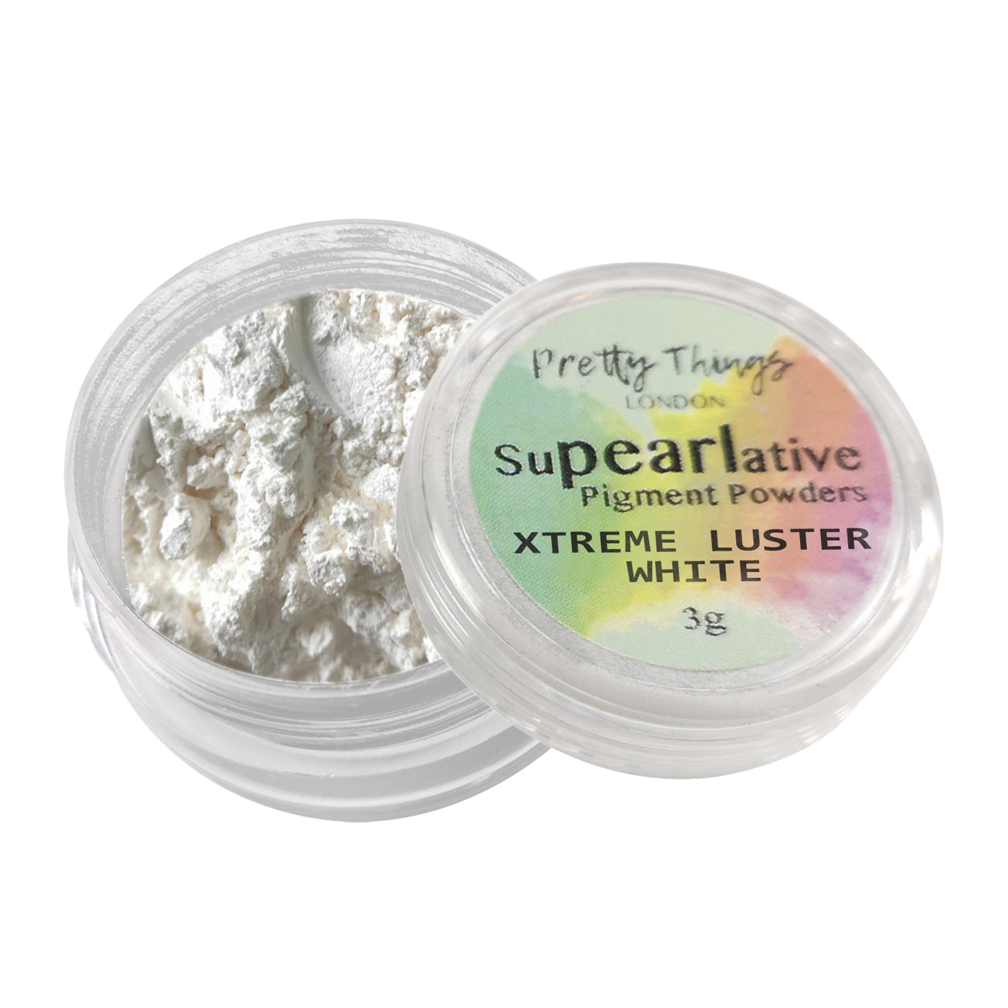 Pretty Things London Supearlative Pigment Powders Xtreme Luster White 3g in an open container showing vibrant, shimmering gold pigment.