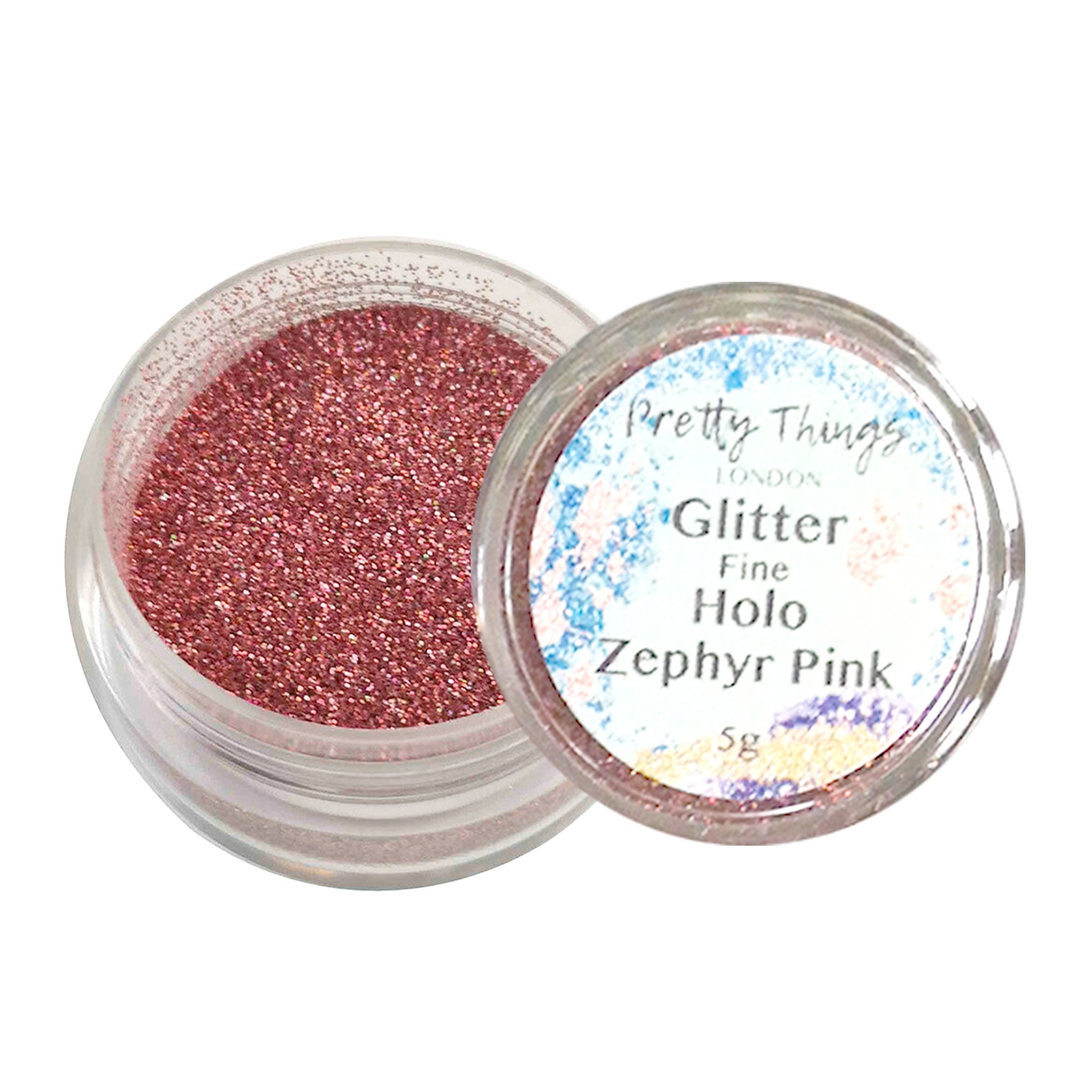 1.	Pretty Things London Fine Holographic Glitter in Zephry Pink 5g in open container showing sparkles