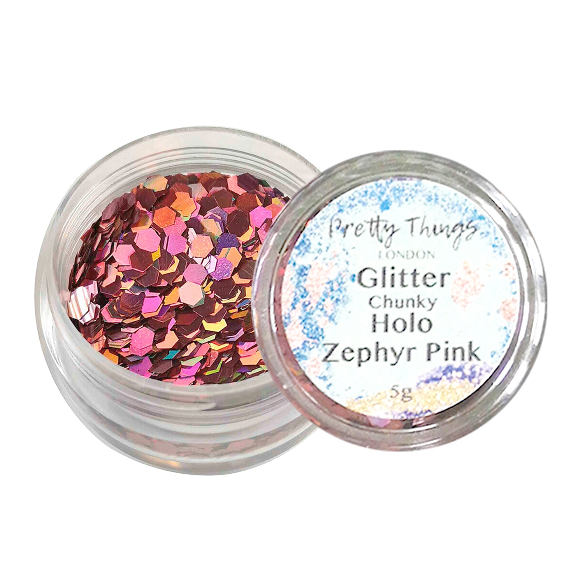 1.	Pretty Things London Chunky Holographic Glitter in Zephry Pink - 5g jar