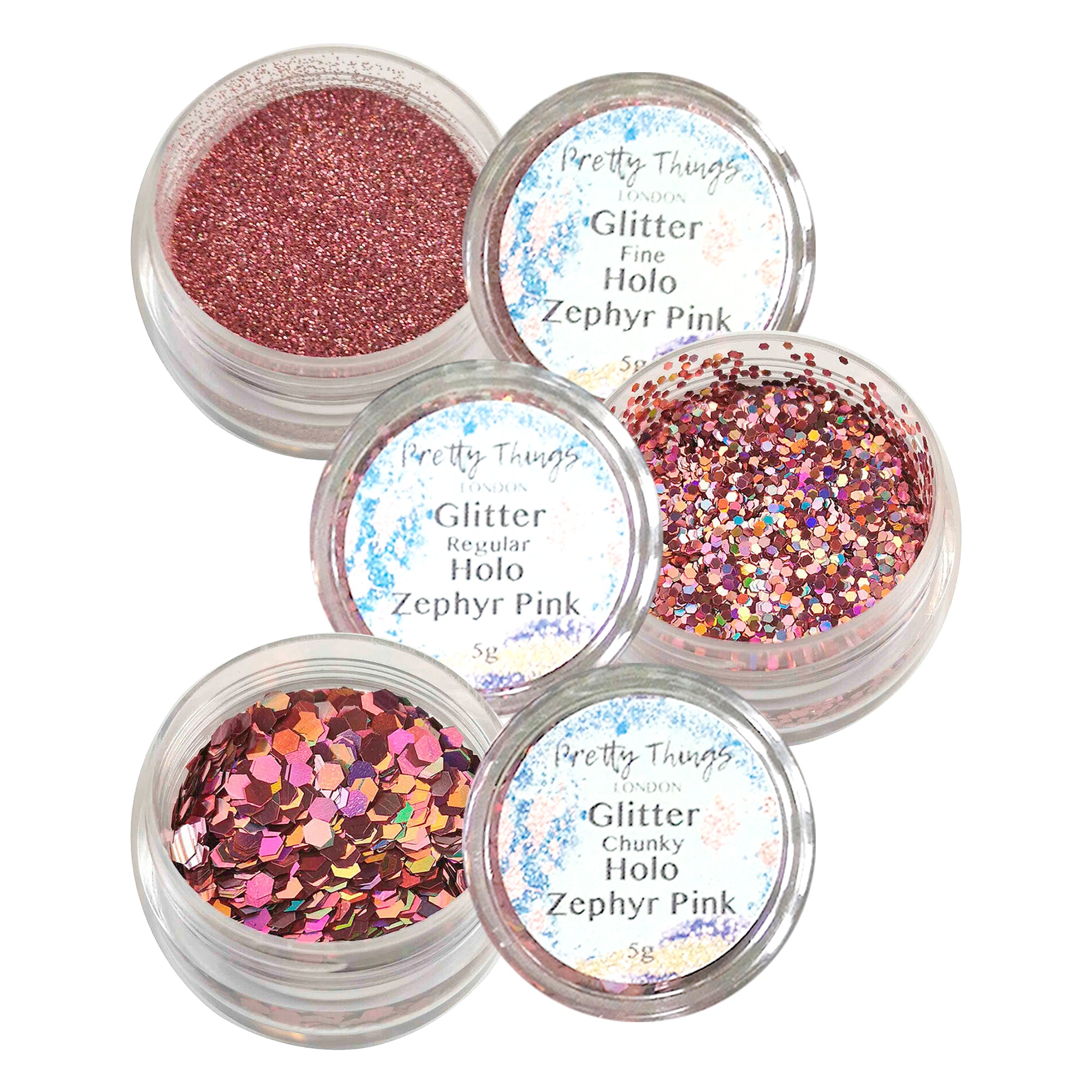 1.	Pretty Things London Zephry Pink Glitter Trio - Fine, Regular, and Chunky Holographic Glitters