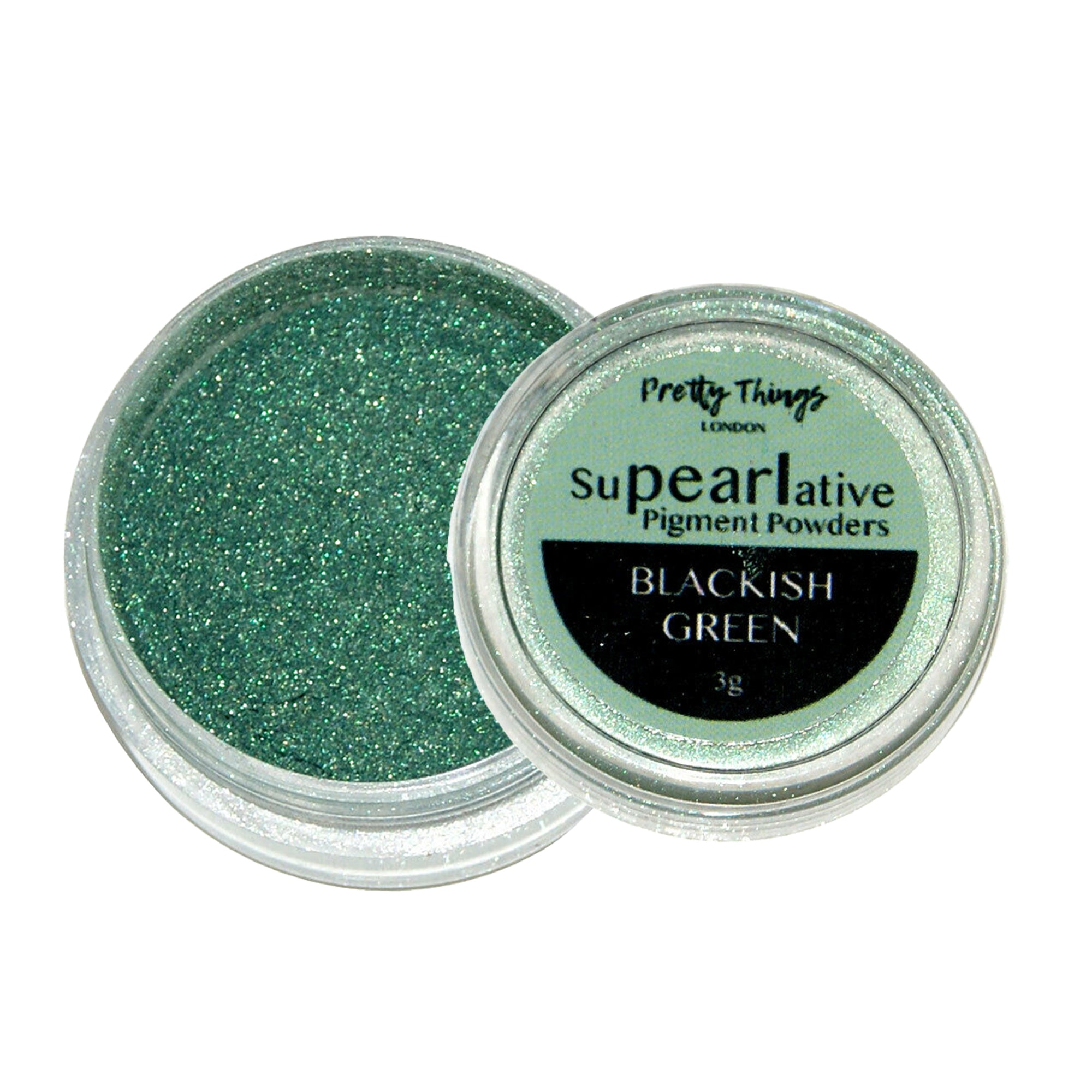 Pretty Things London Supearlative Pigment Powders Blackish Green 3g in an open container showing vibrant, shimmering gold pigment.