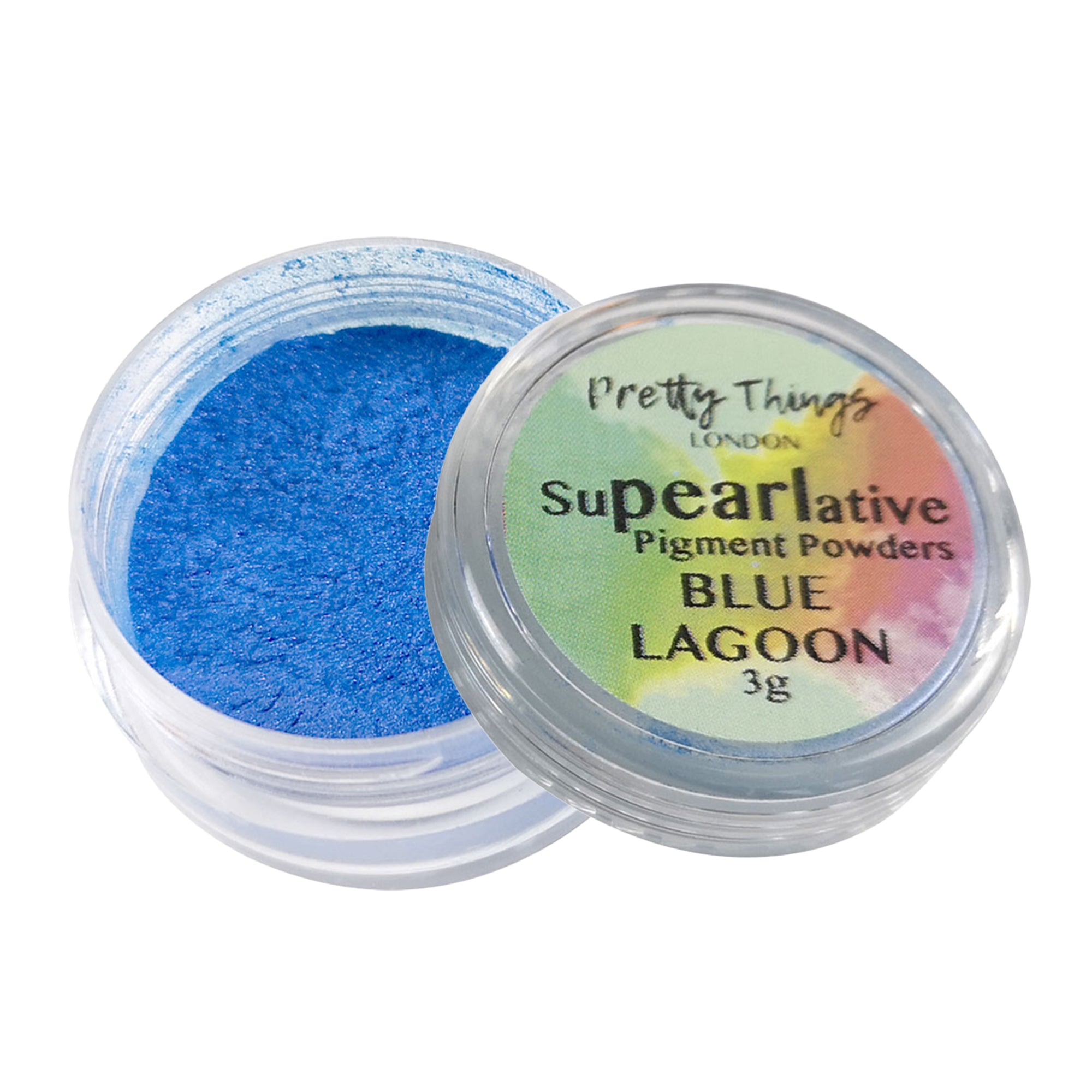 Pretty Things London Supearlative Pigment Powders Blue Lagoon 3g in an open container showing vibrant, shimmering gold pigment.