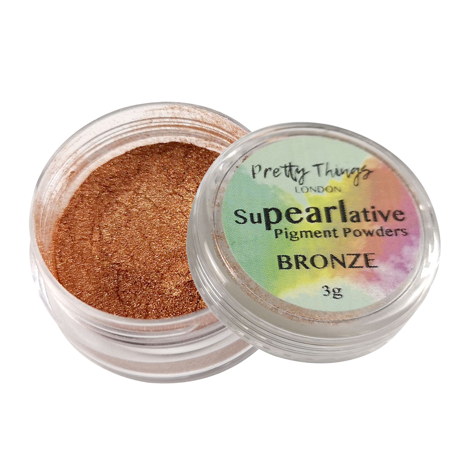 Pretty Things London Supearlative Pigment Powders Bronze 3g in an open container showing vibrant, shimmering gold pigment.