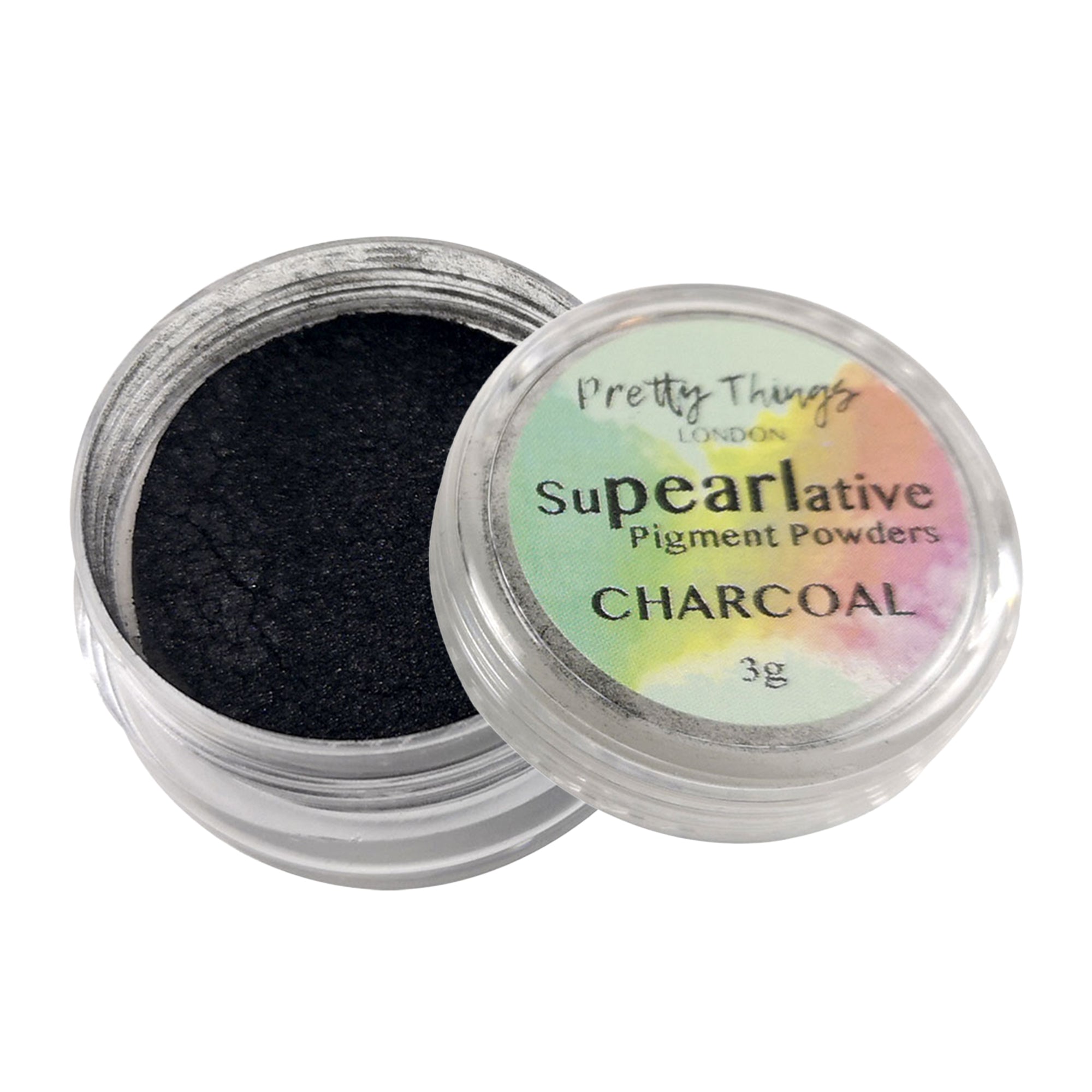 Pretty Things London Supearlative Pigment Powders Charcoal 3g in an open container showing vibrant, shimmering gold pigment.