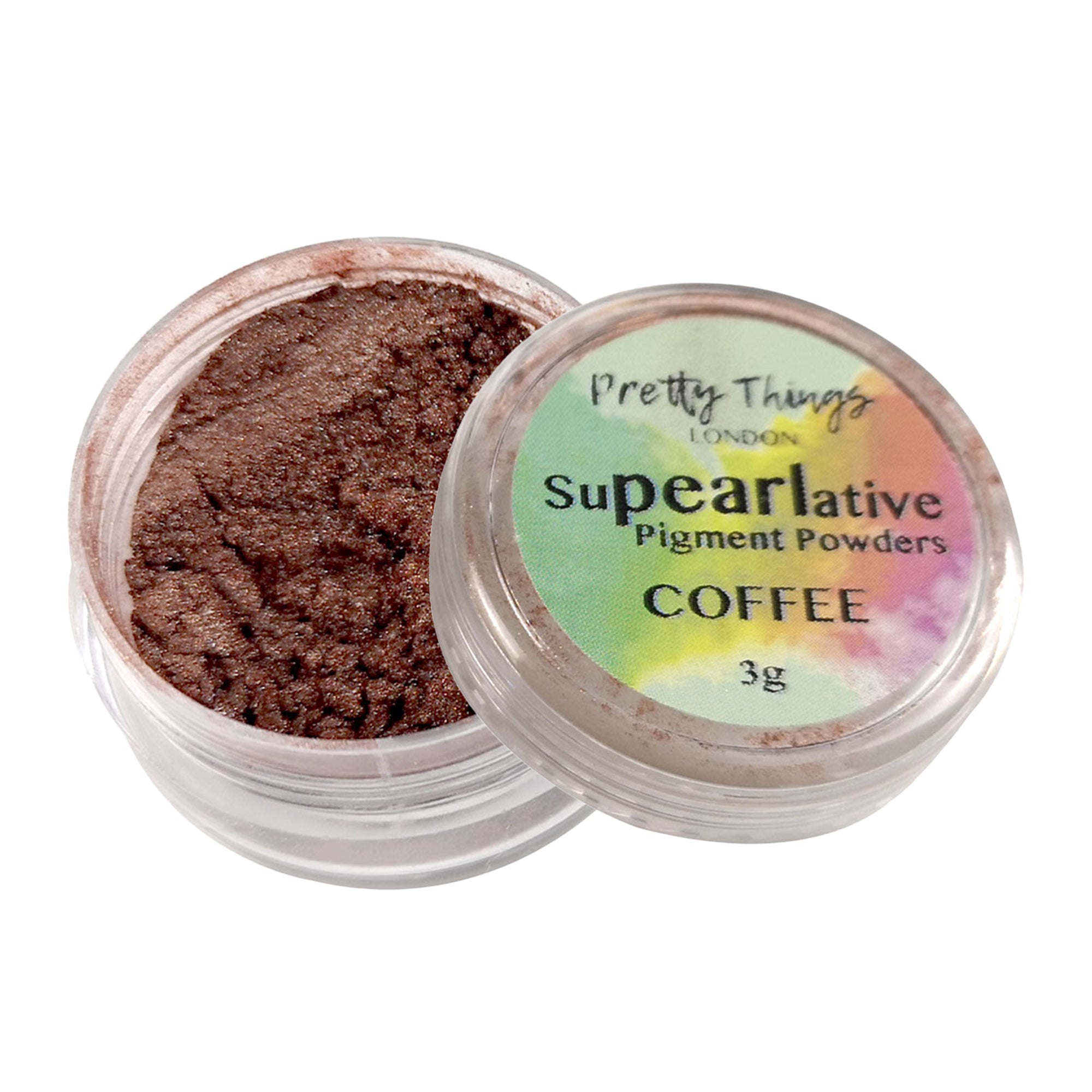 Pretty Things London Supearlative Pigment Powders Coffee 3g in an open container showing vibrant, shimmering gold pigment.