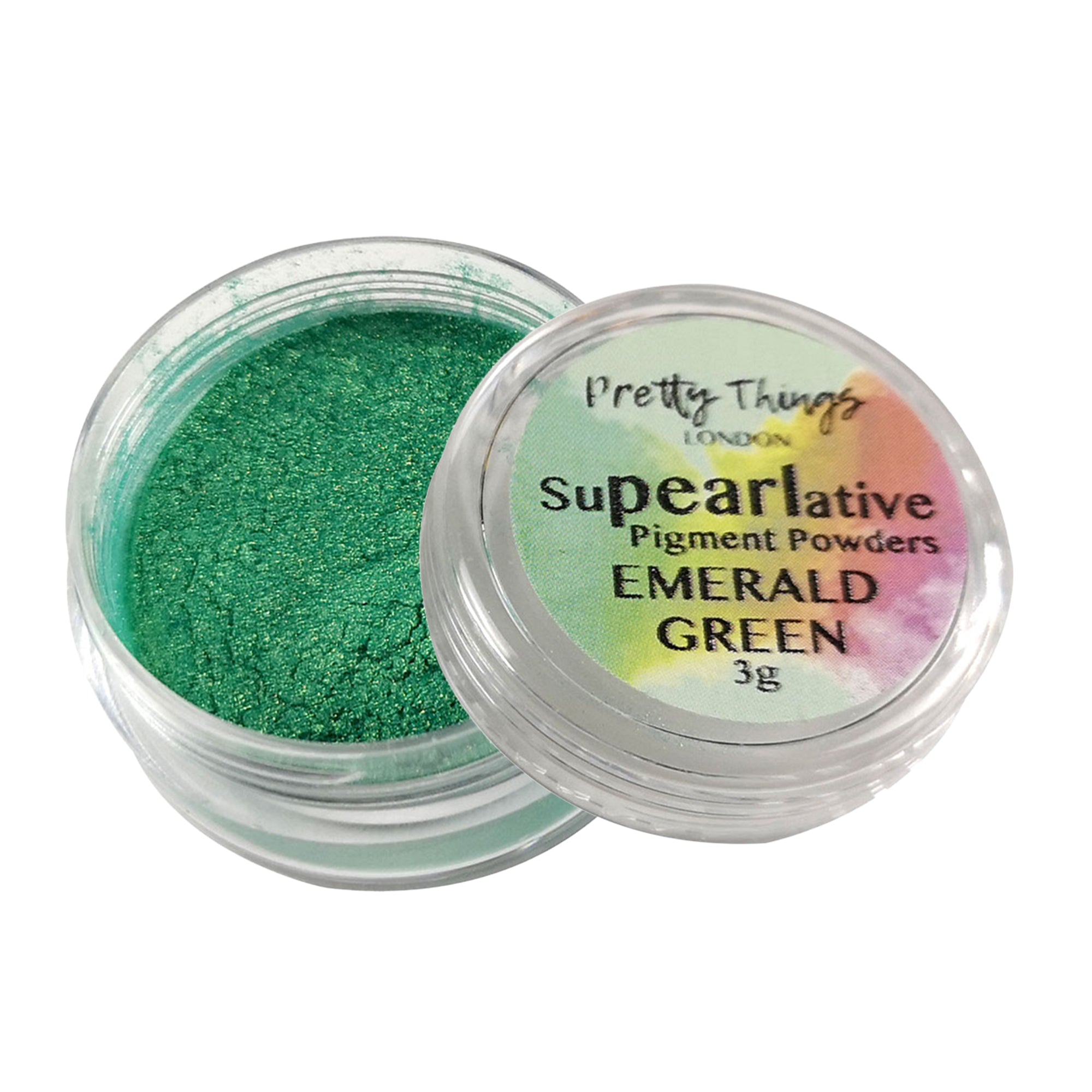 Pretty Things London Supearlative Pigment Powders Emerald Green 3g in an open container showing vibrant, shimmering gold pigment.