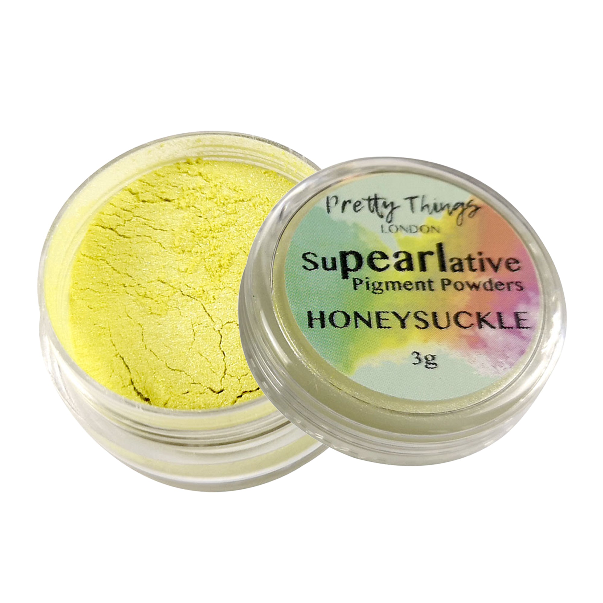 Pretty Things London Supearlative Pigment Powders Honeysuckle 3g in an open container showing vibrant, shimmering gold pigment.