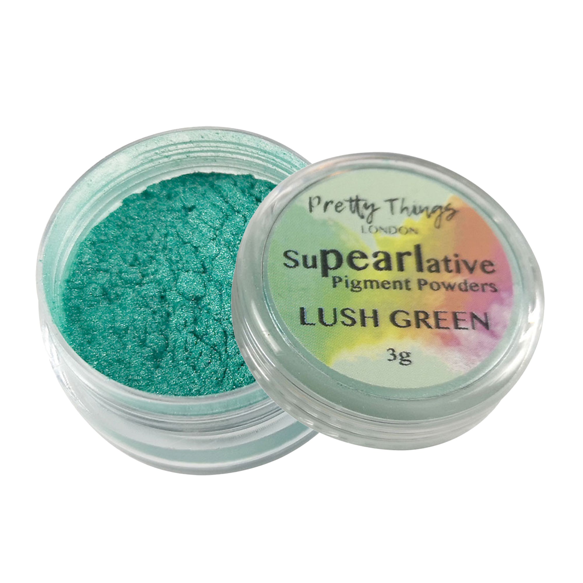 Pretty Things London Supearlative Pigment Powders Lush Green 3g in an open container showing vibrant, shimmering gold pigment.