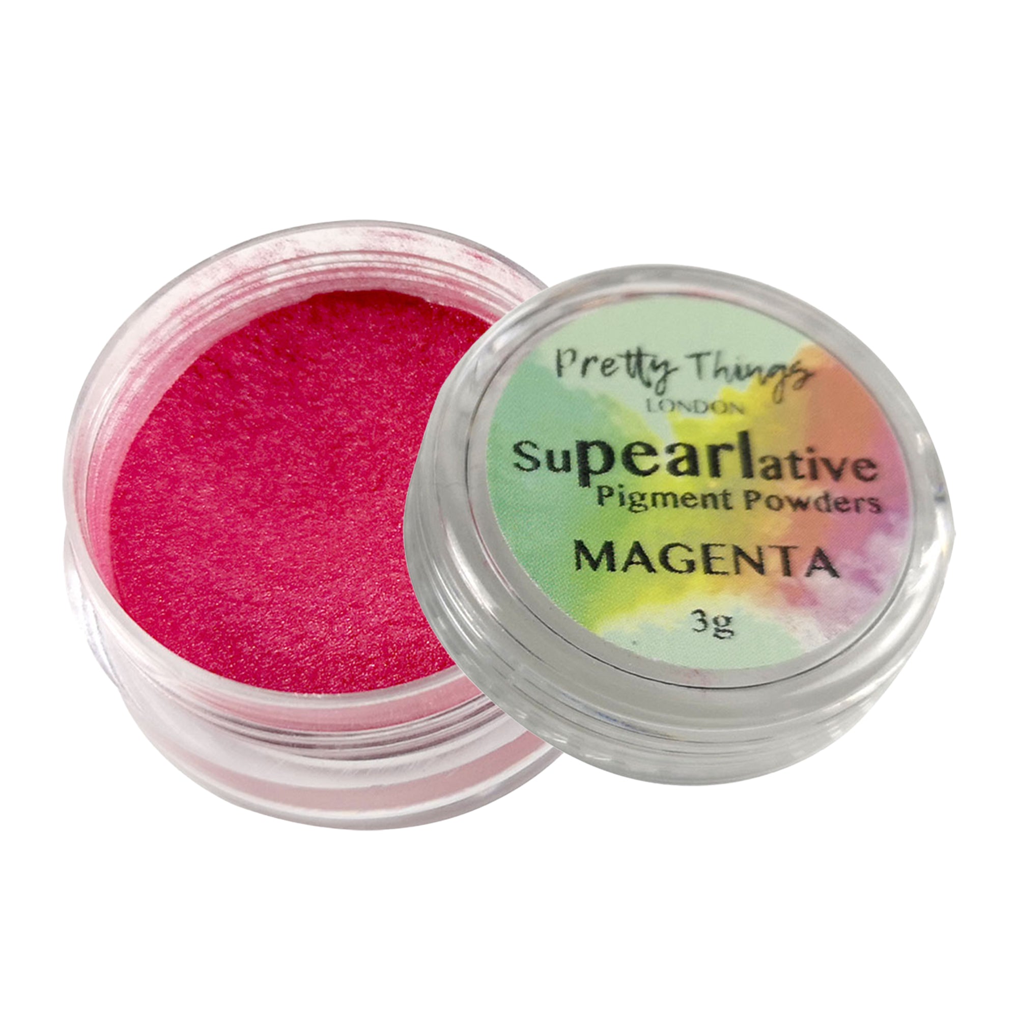 Pretty Things London Supearlative Pigment Powders Magenta 3g in an open container showing vibrant, shimmering gold pigment.