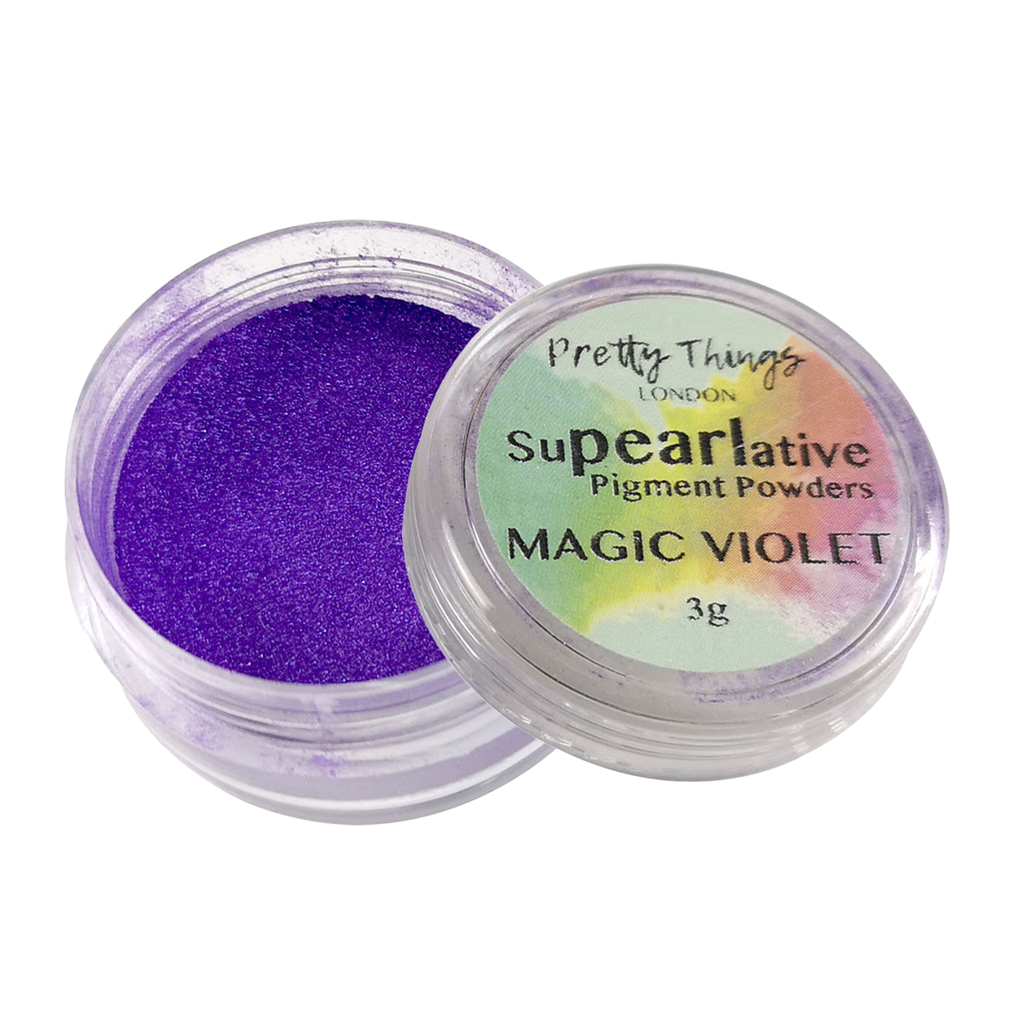 Pretty Things London Supearlative Pigment Powders Magic Violet 3g in an open container showing vibrant, shimmering gold pigment.