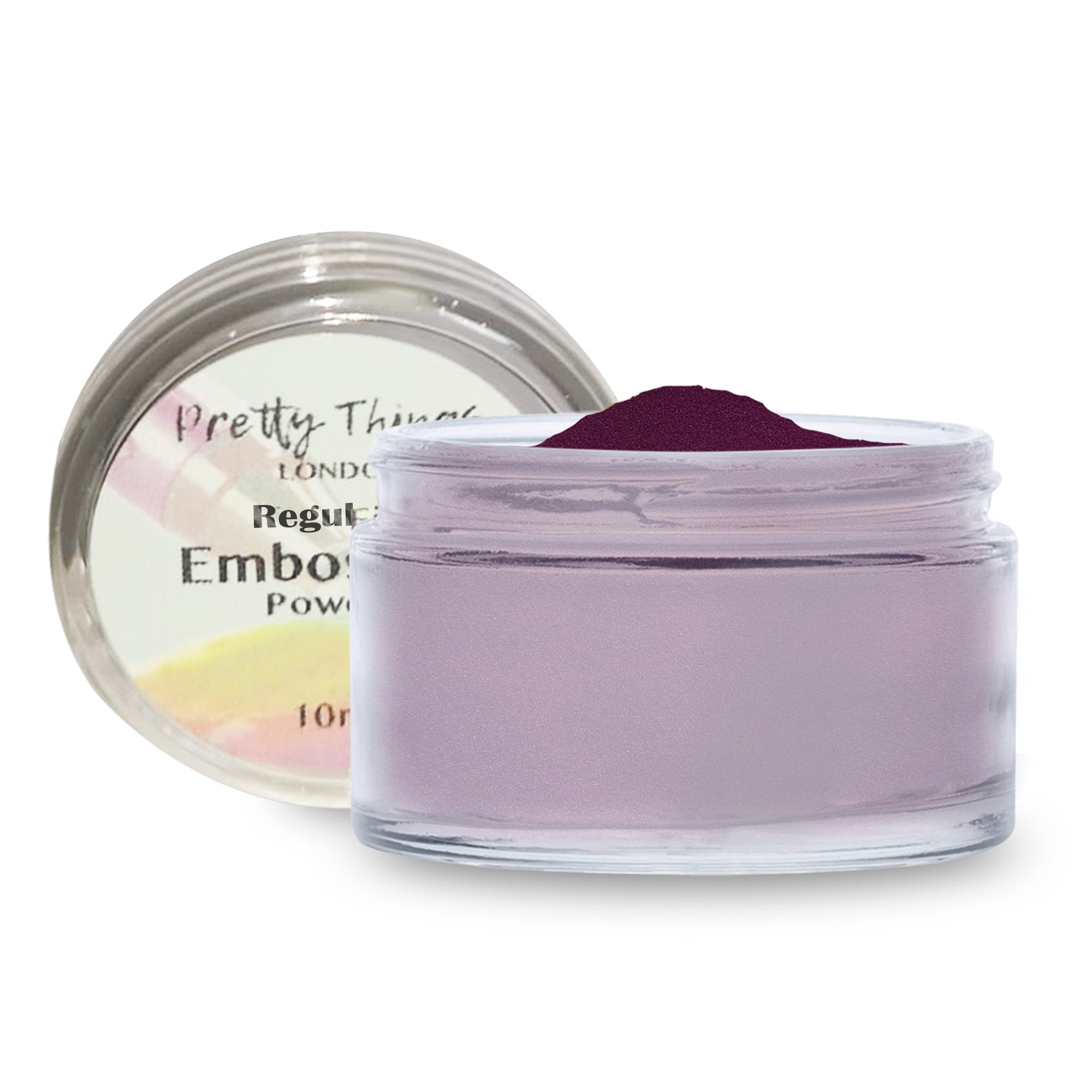 An open jar of Pretty Things London Embossing Powder in Purple Razzmic Berry, showing the deep berry-colored powder.