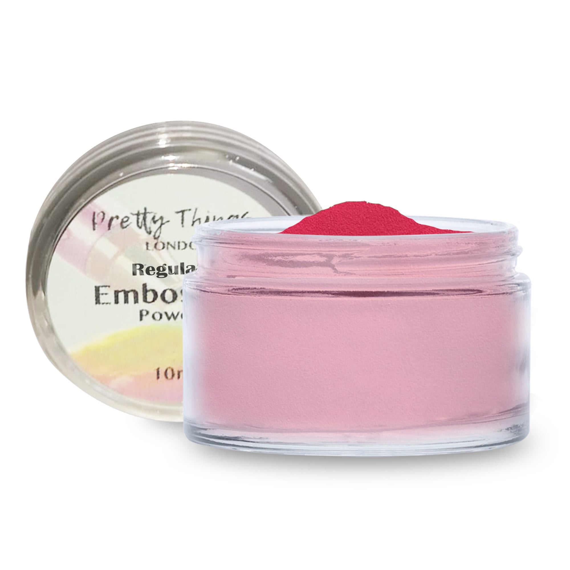 An open jar of Pretty Things London Embossing Powder in Azalea Pink, showcasing the vibrant pink powder.