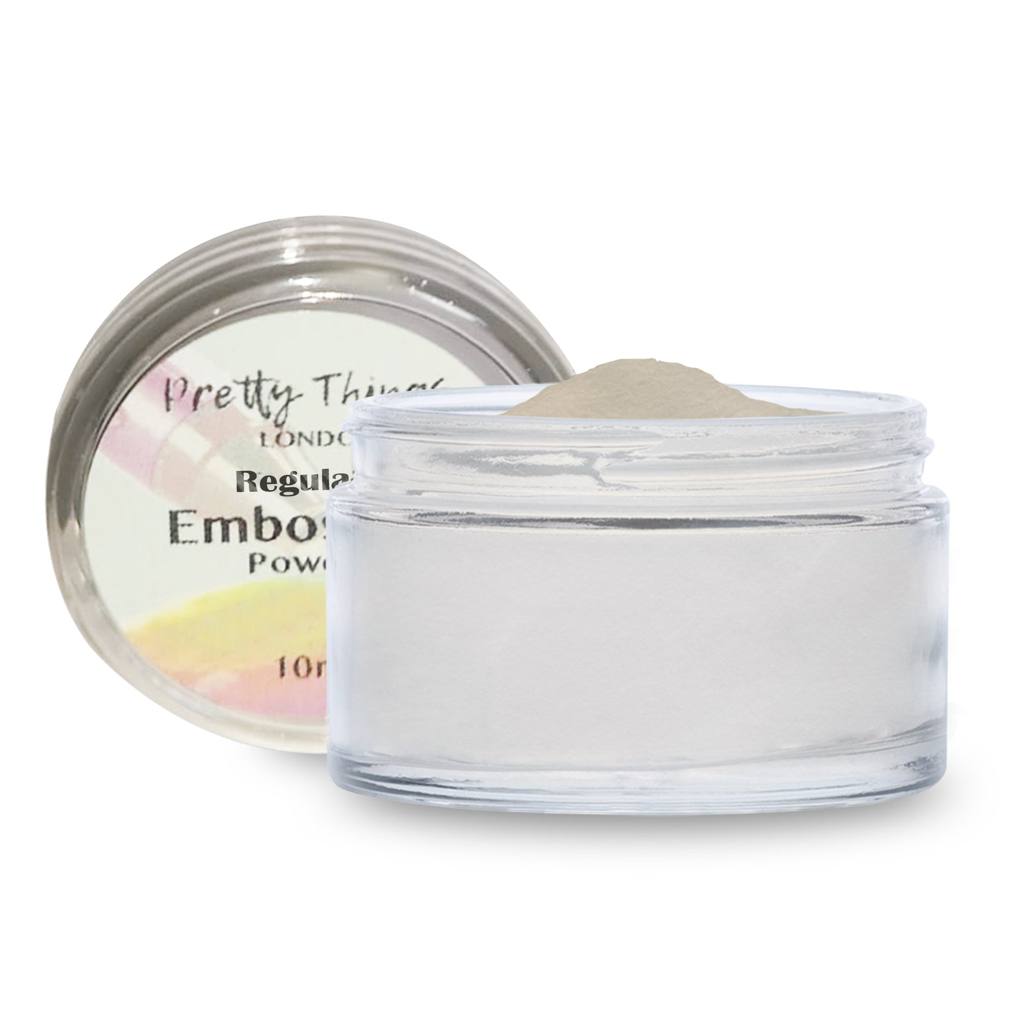 Pretty Things London Embossing Powder in Clear, with the lid off, showing the translucent powder.