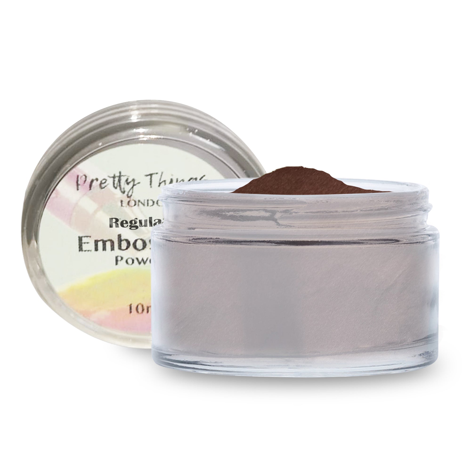 An open jar of Pretty Things London Embossing Powder in Copper, showcasing the shiny copper powder.