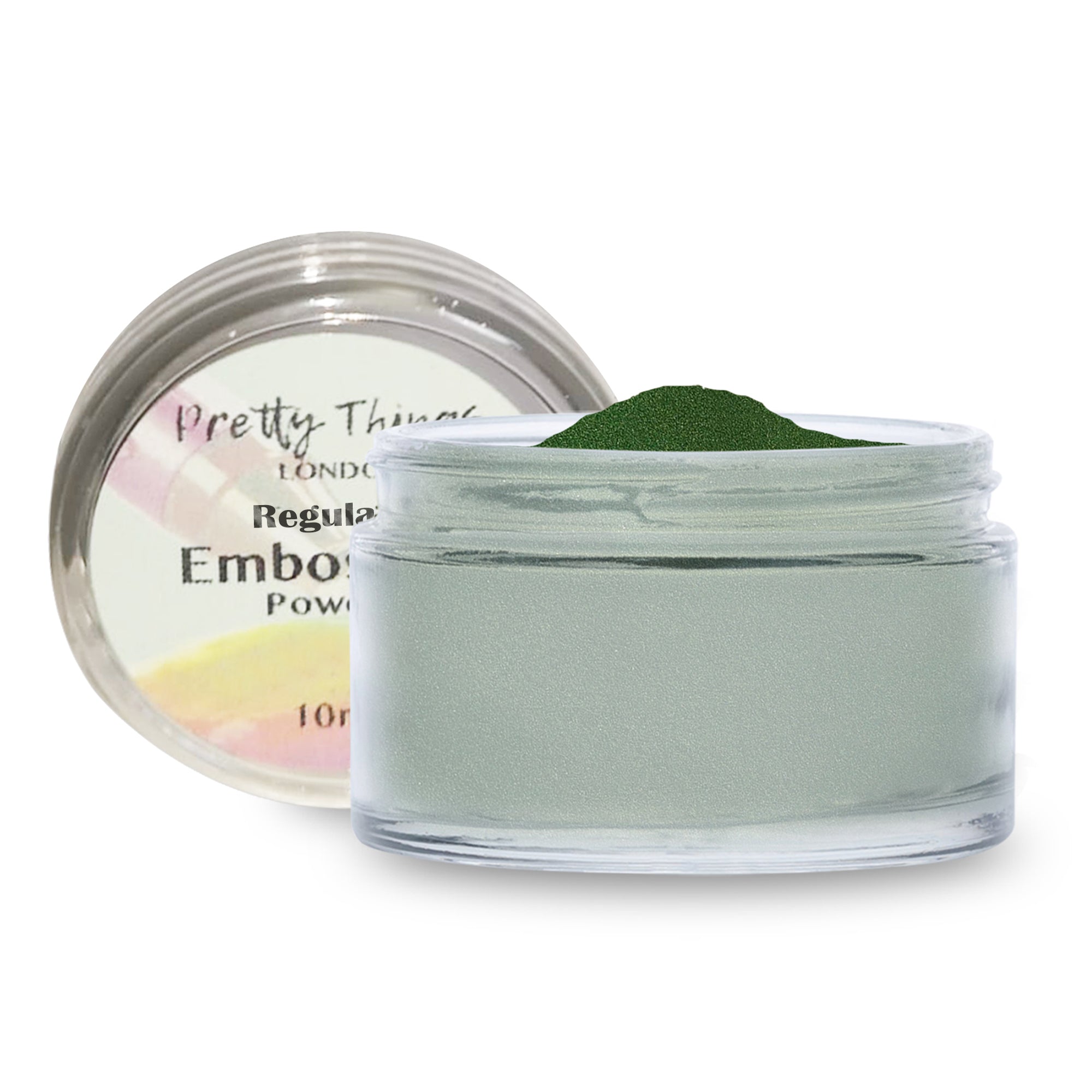 Pretty Things London Embossing Powder in Green Olive, with the lid off, revealing the rich olive green powder.
