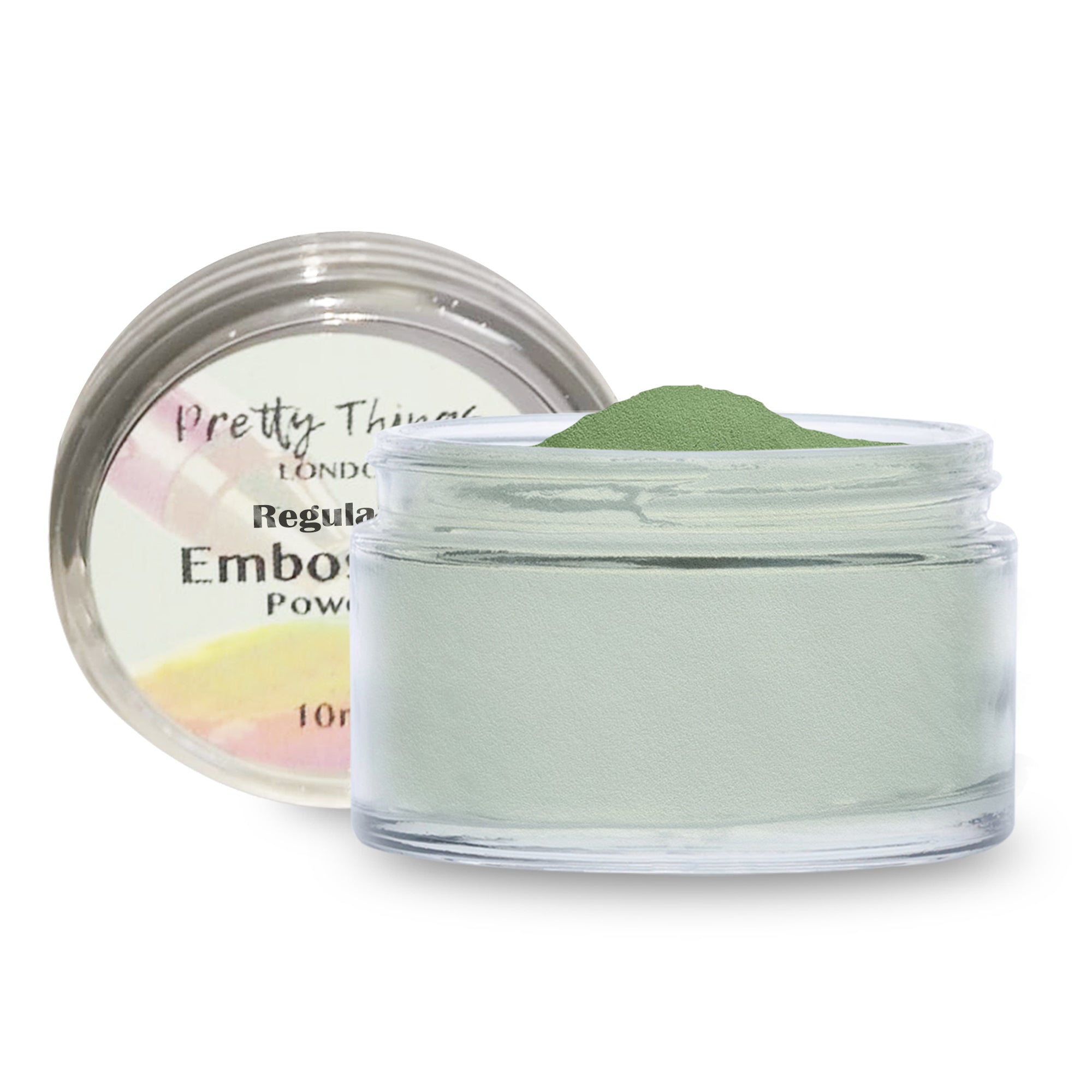 An open container of Pretty Things London Embossing Powder in Green Pastel, showing the soft green powder.