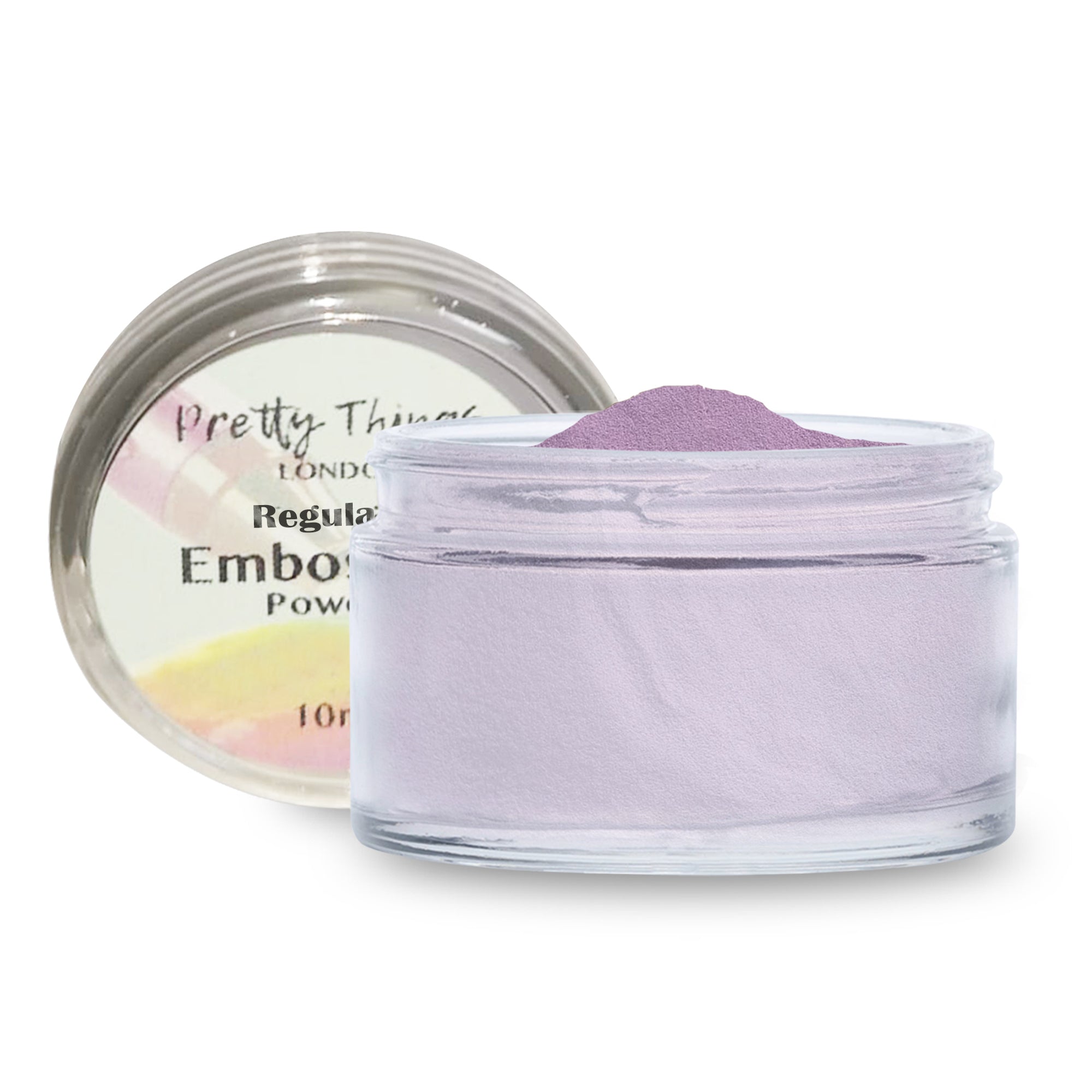 An open container of Pretty Things London Embossing Powder in Lilac, showing the delicate lilac powder.