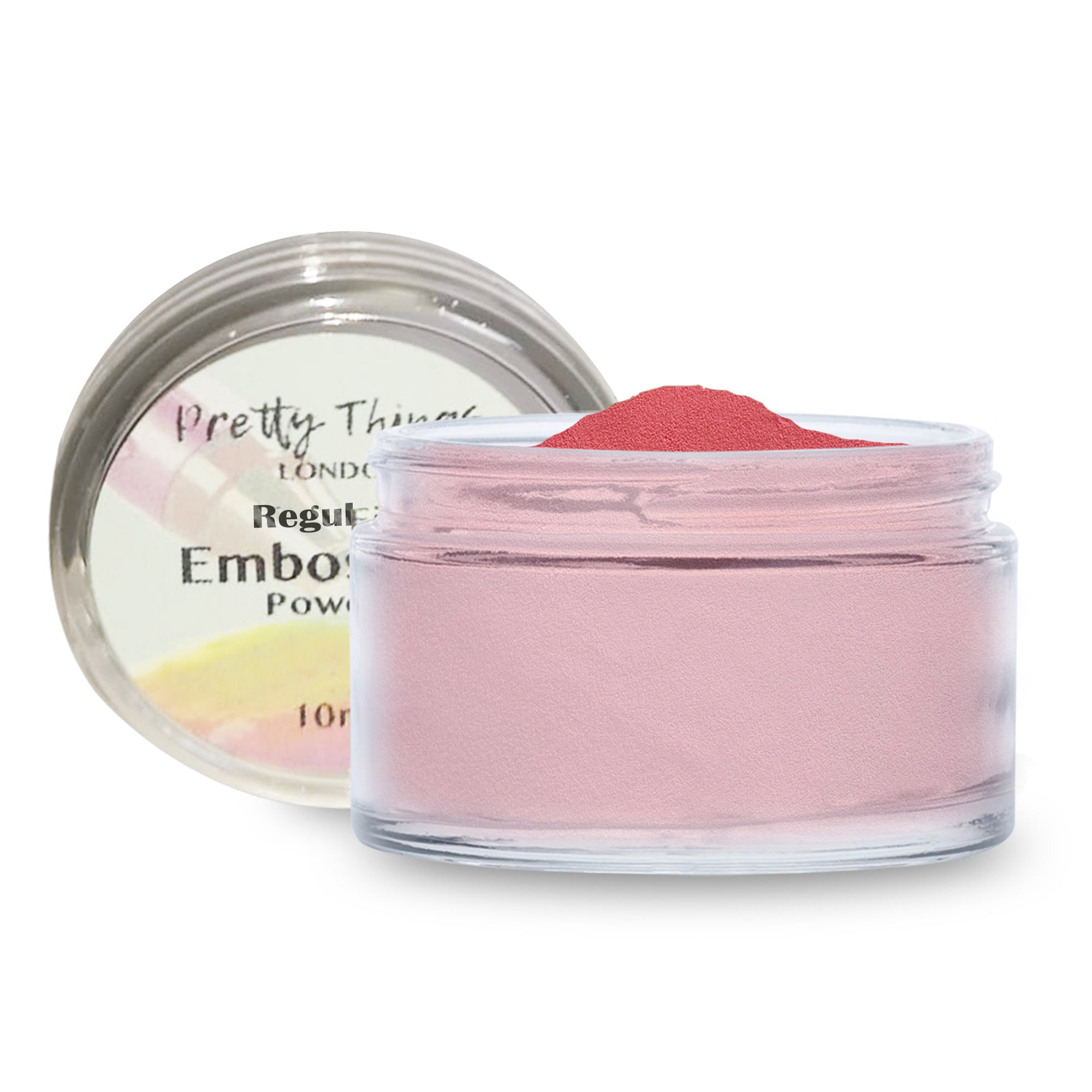 Pretty Things London Embossing Powder in Pink Flamingo, with the lid off, revealing the bright flamingo pink powder.