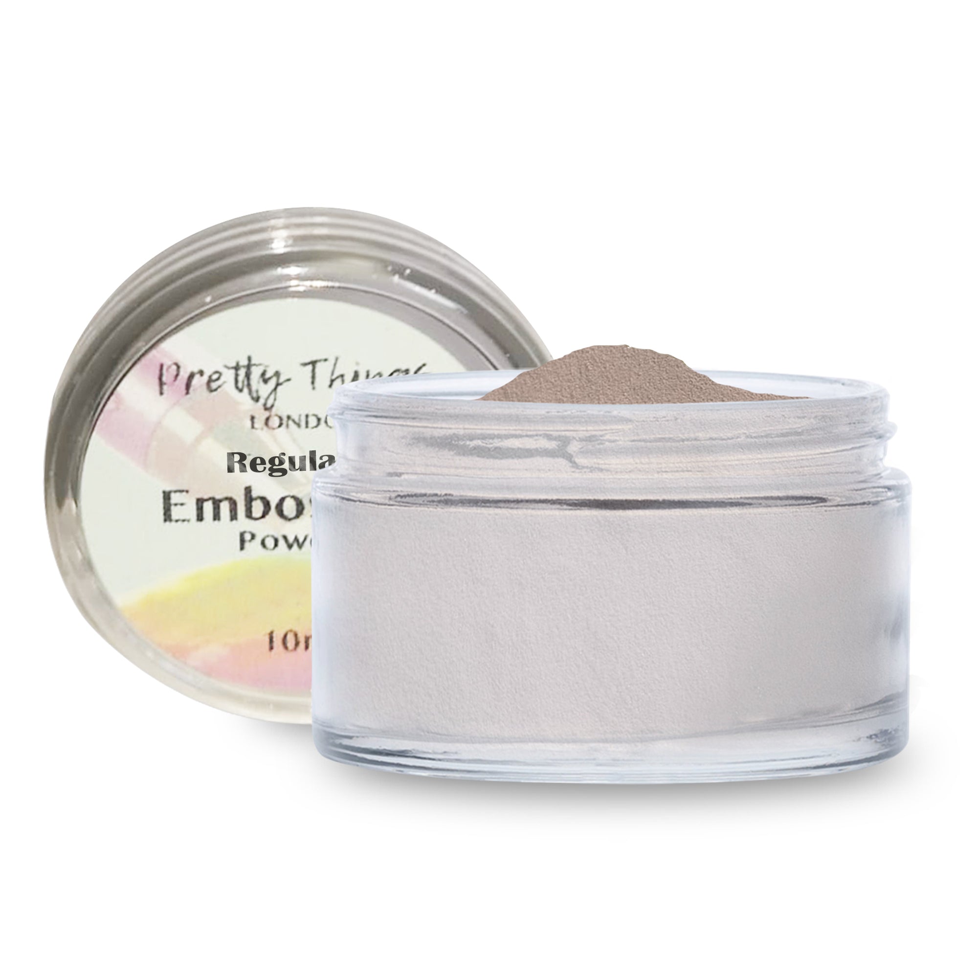 A jar of Pretty Things London Embossing Powder in Pink Pastel, with the lid open, showcasing the soft pink powder.