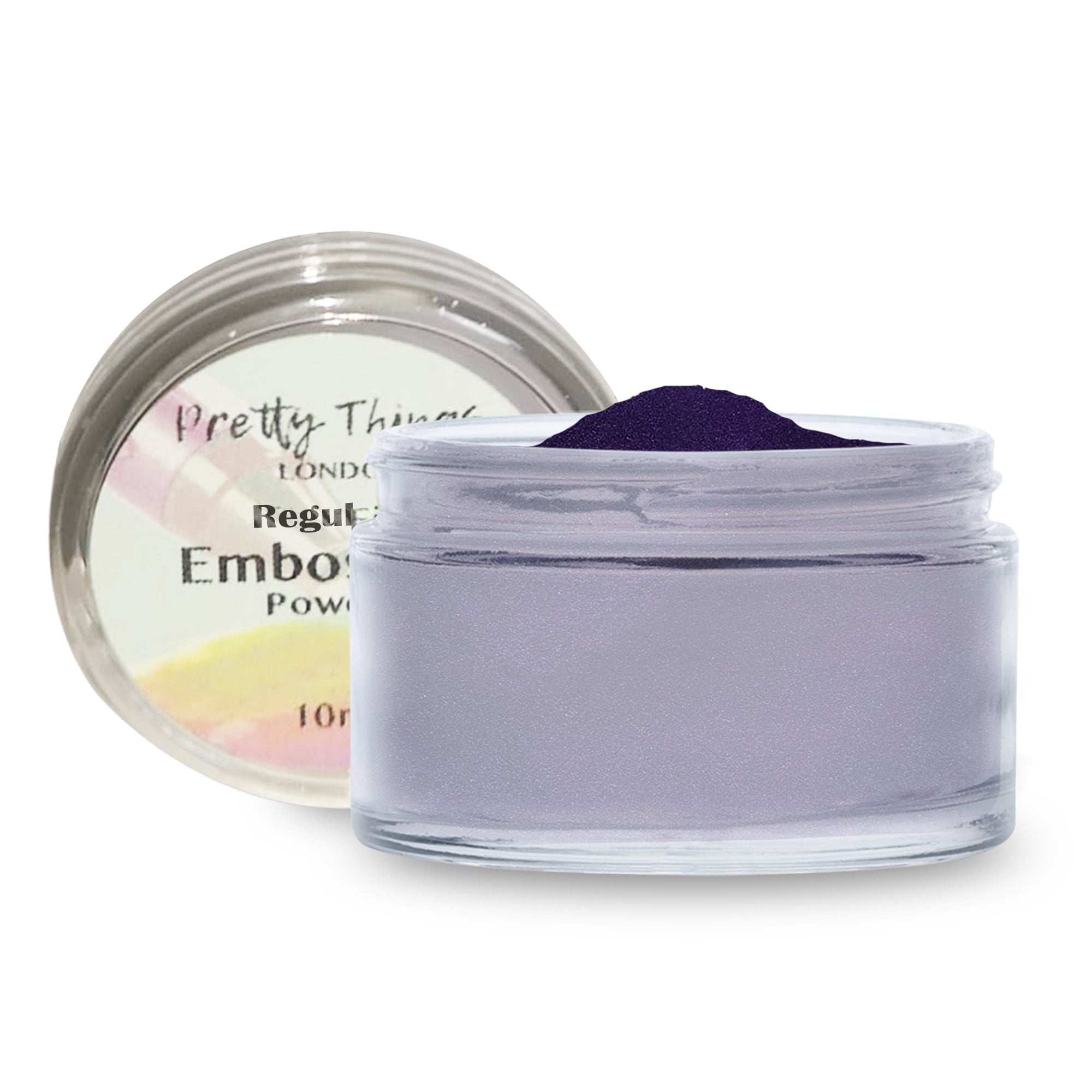 A container of Pretty Things London Embossing Powder in Purple Violet, with the lid open, showing the rich violet powder.