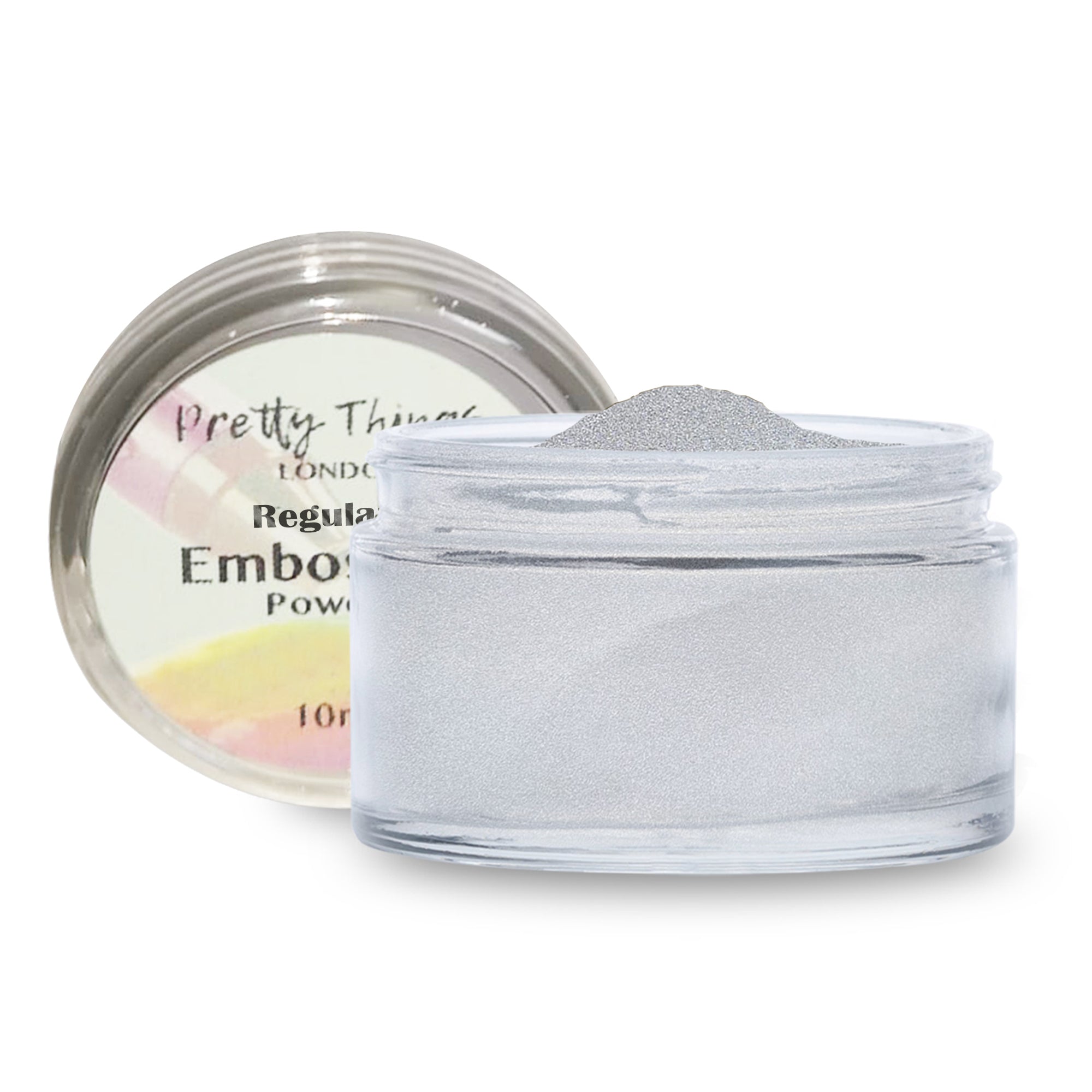 A jar of Pretty Things London Embossing Powder in Silver, with the lid open, showcasing the shimmering silver powder.