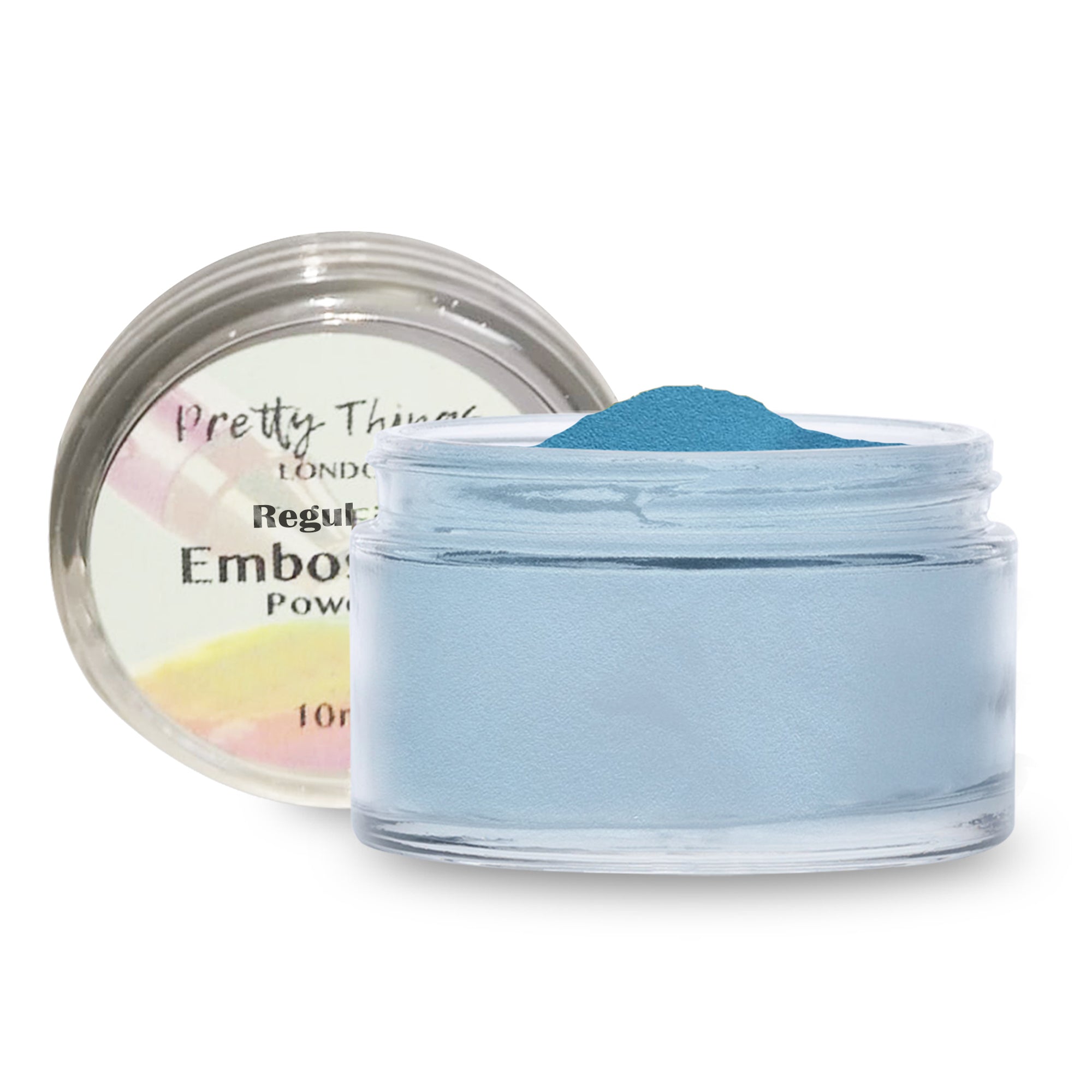 An open container of Pretty Things London Embossing Powder in Sky Blue, showing the soft blue powder.