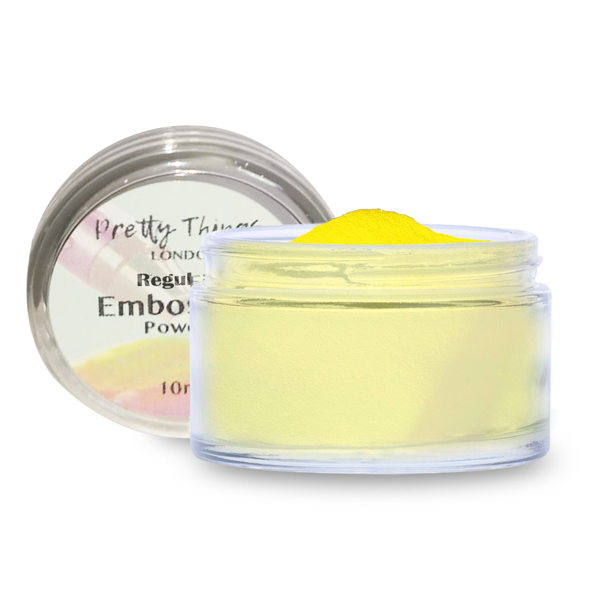 An open container of Pretty Things London Embossing Powder in Yellow, showcasing the bright yellow powder.