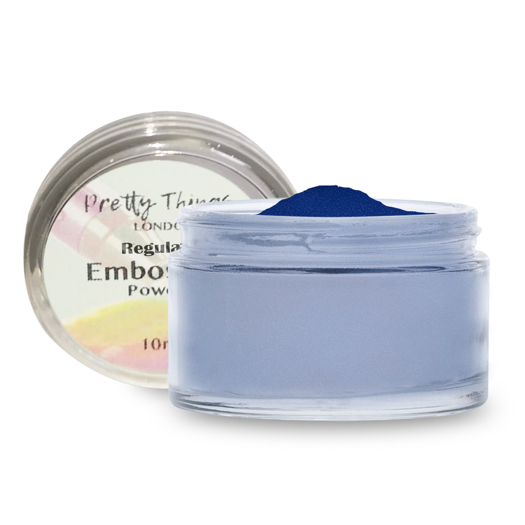 A jar of Pretty Things London Embossing Powder in Blue Cobalt, with the lid open, displaying the rich cobalt blue powder.