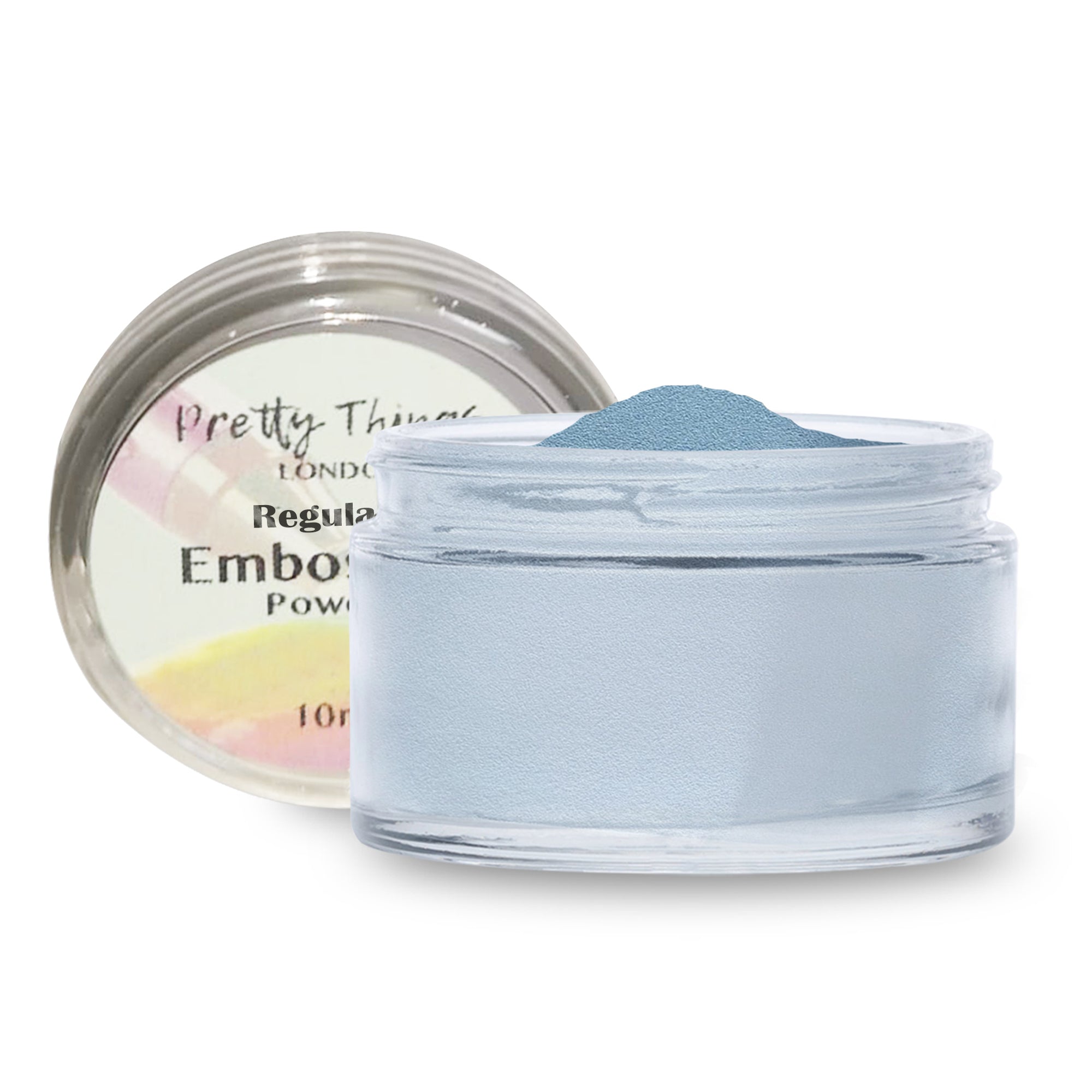 An open jar of Pretty Things London Embossing Powder in Blue Pastel, showcasing the soft blue powder.