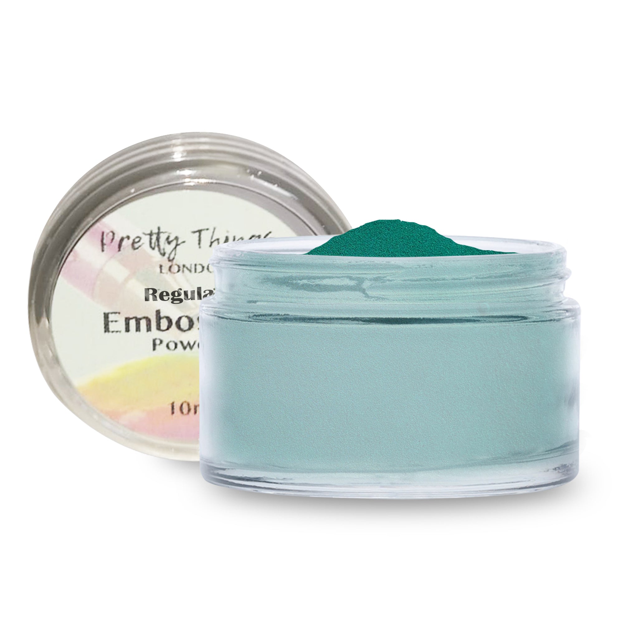 An open jar of Pretty Things London Embossing Powder in Green, showcasing the vibrant green powder.