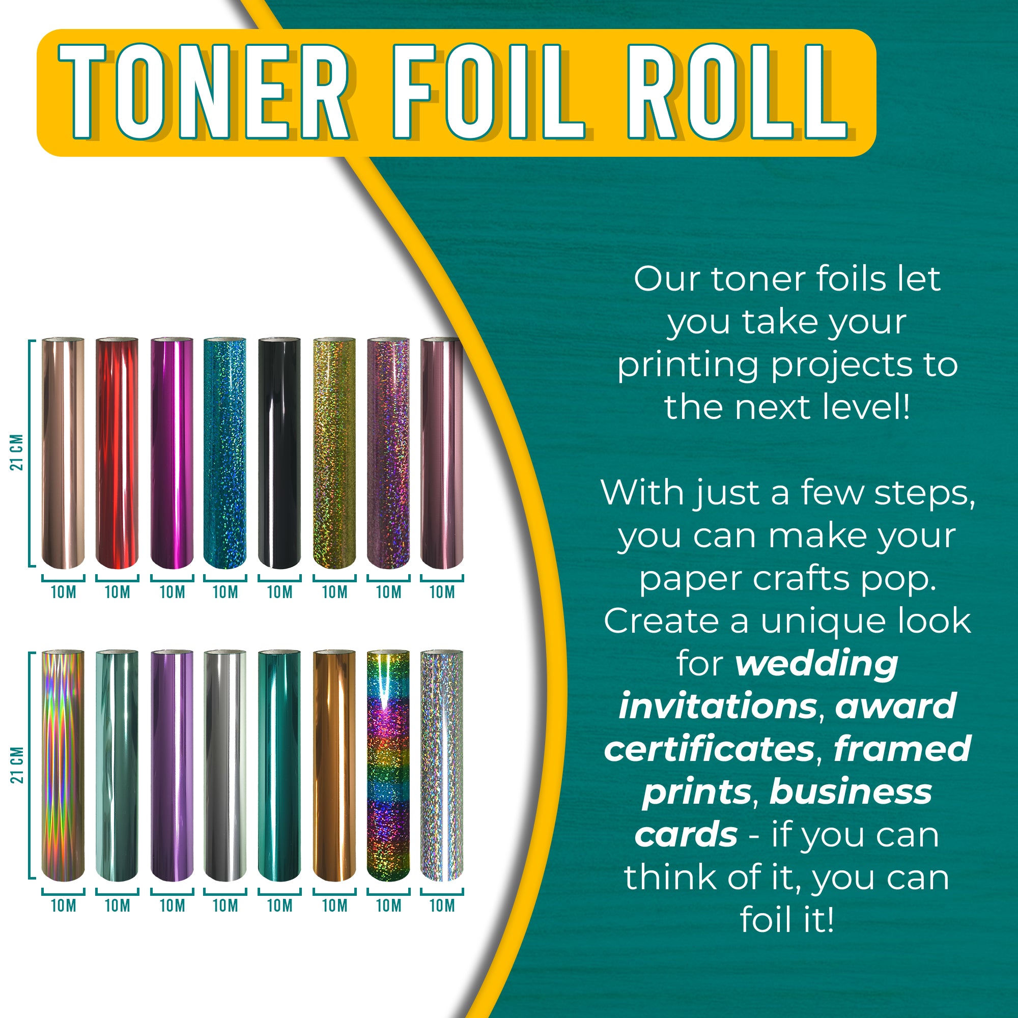Pretty Things London Creator’s Ten set of 10 toner foil rolls, 21cm x 10m, mixed metallic, holographic and glitter finishes ideal for weddings, certificates, prints and branded packaging.