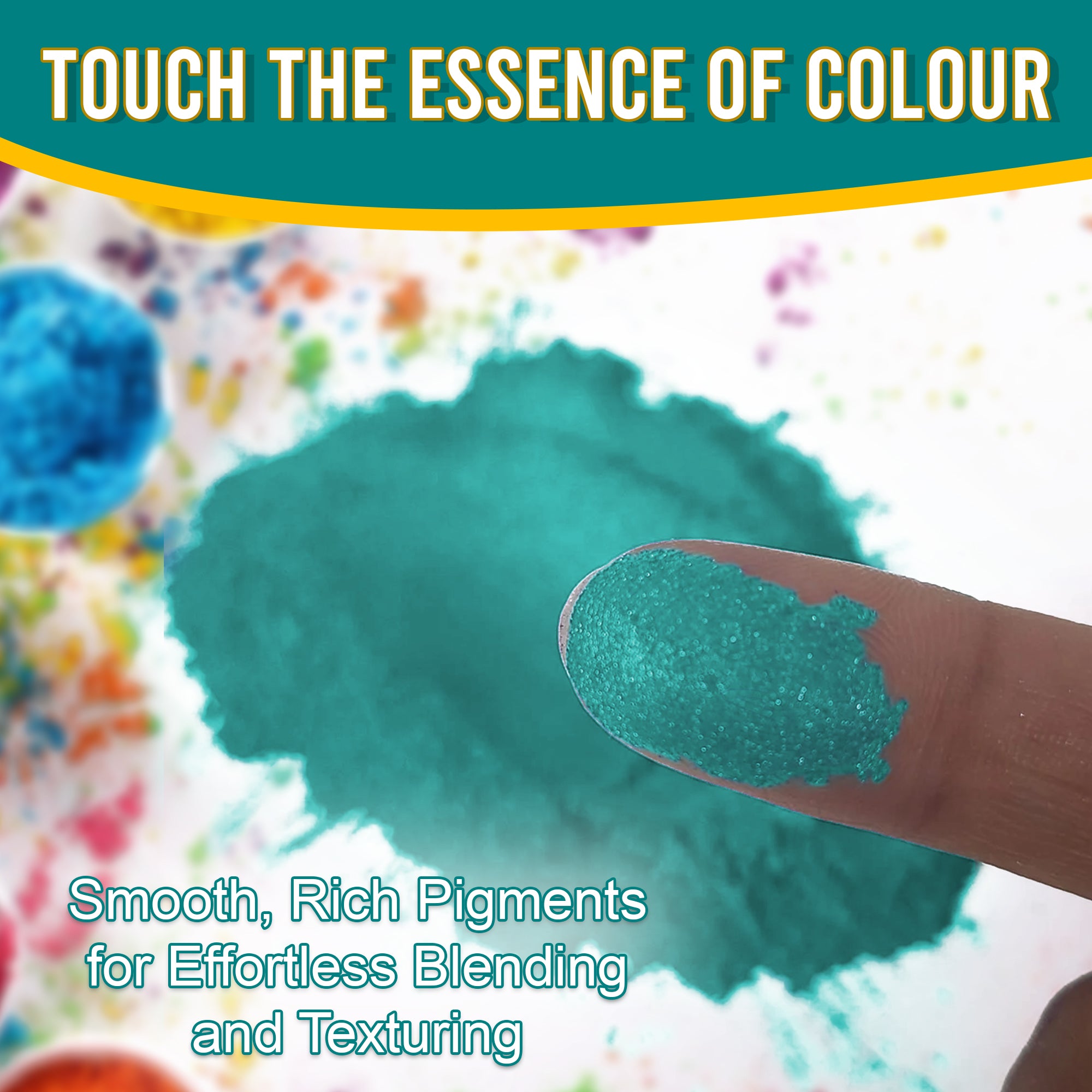 Close-up of a fingertip dipped in smooth, rich Aquamarine pigment powder against a background of colourful pigments, emphasizing effortless blending and texturing.