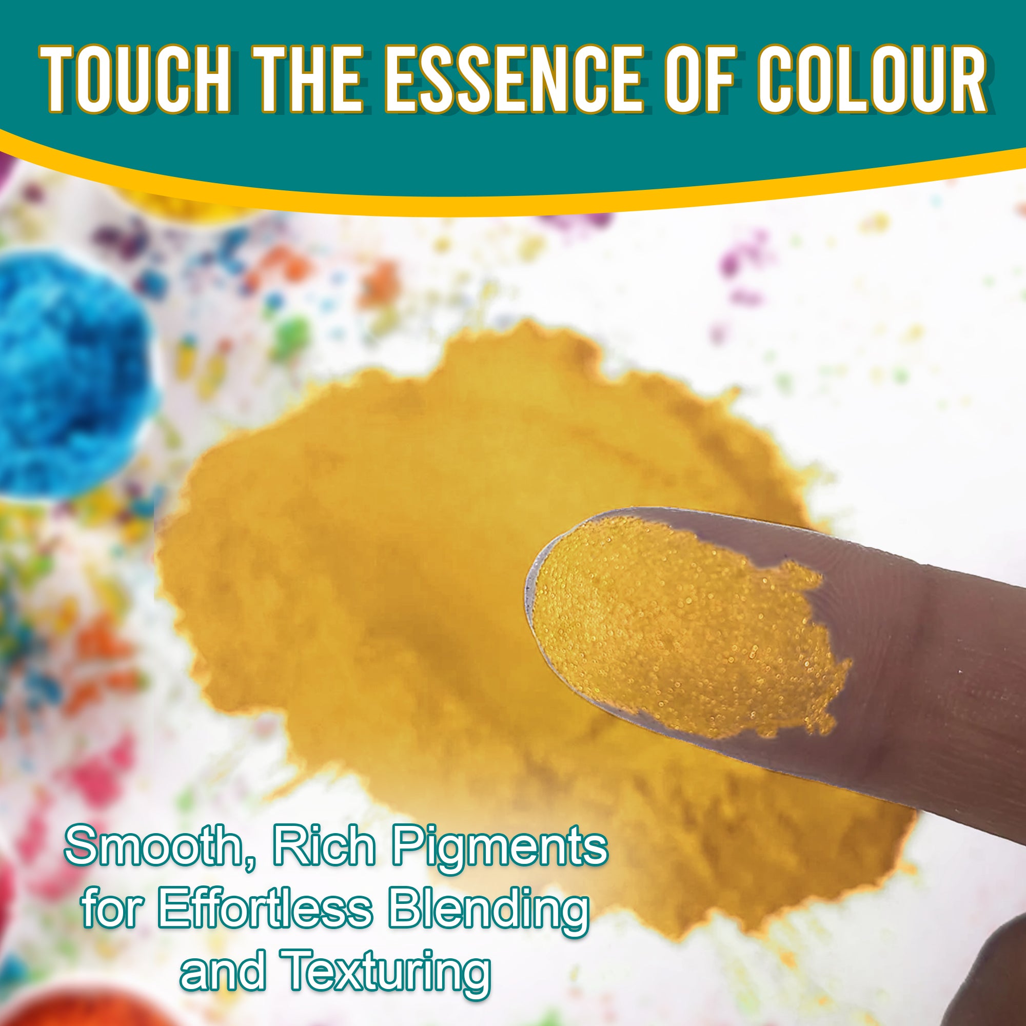 Close-up of a fingertip dipped in smooth, rich Aztec Gold pigment powder against a background of colourful pigments, emphasizing effortless blending and texturing.