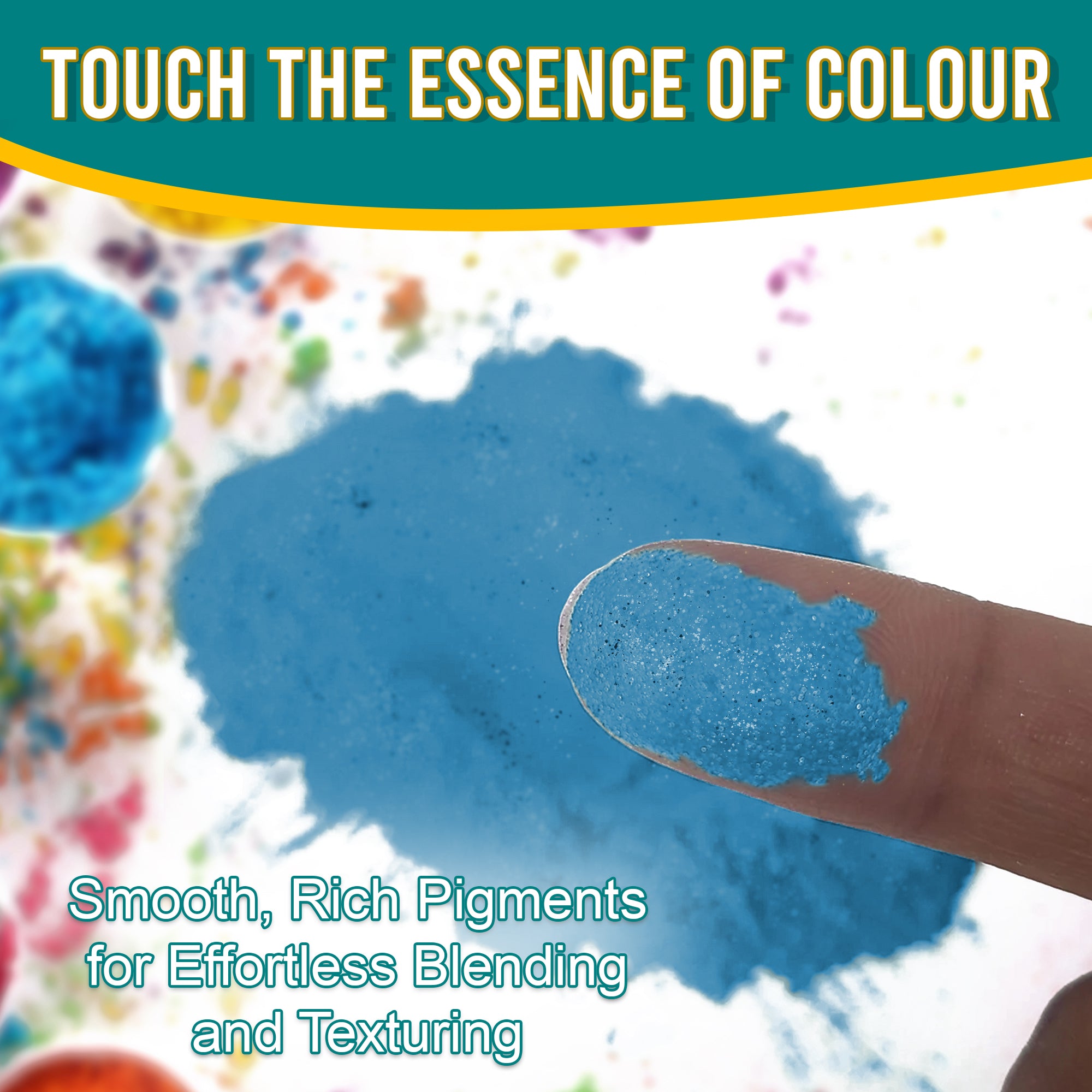 Close-up of a fingertip dipped in smooth, rich Blue Frosting pigment powder against a background of colourful pigments, emphasizing effortless blending and texturing.