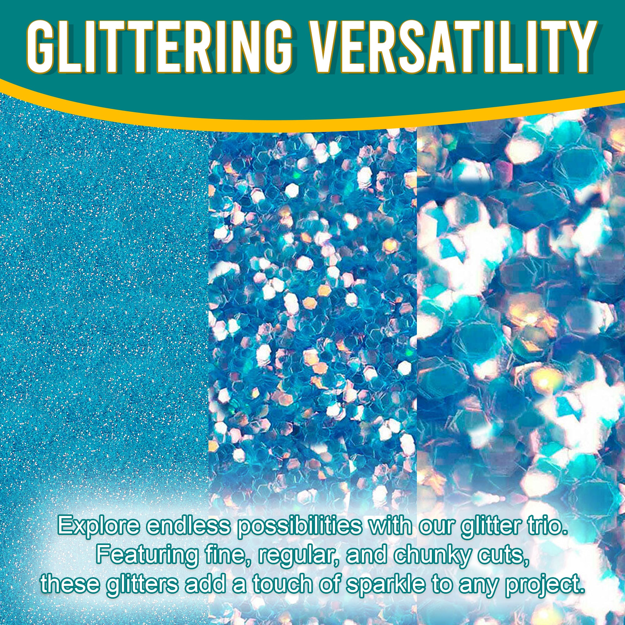 2.	Versatile Showcase - Iridescent Blue Gold Glitter Trio with Fine, Regular, and Chunky Cuts