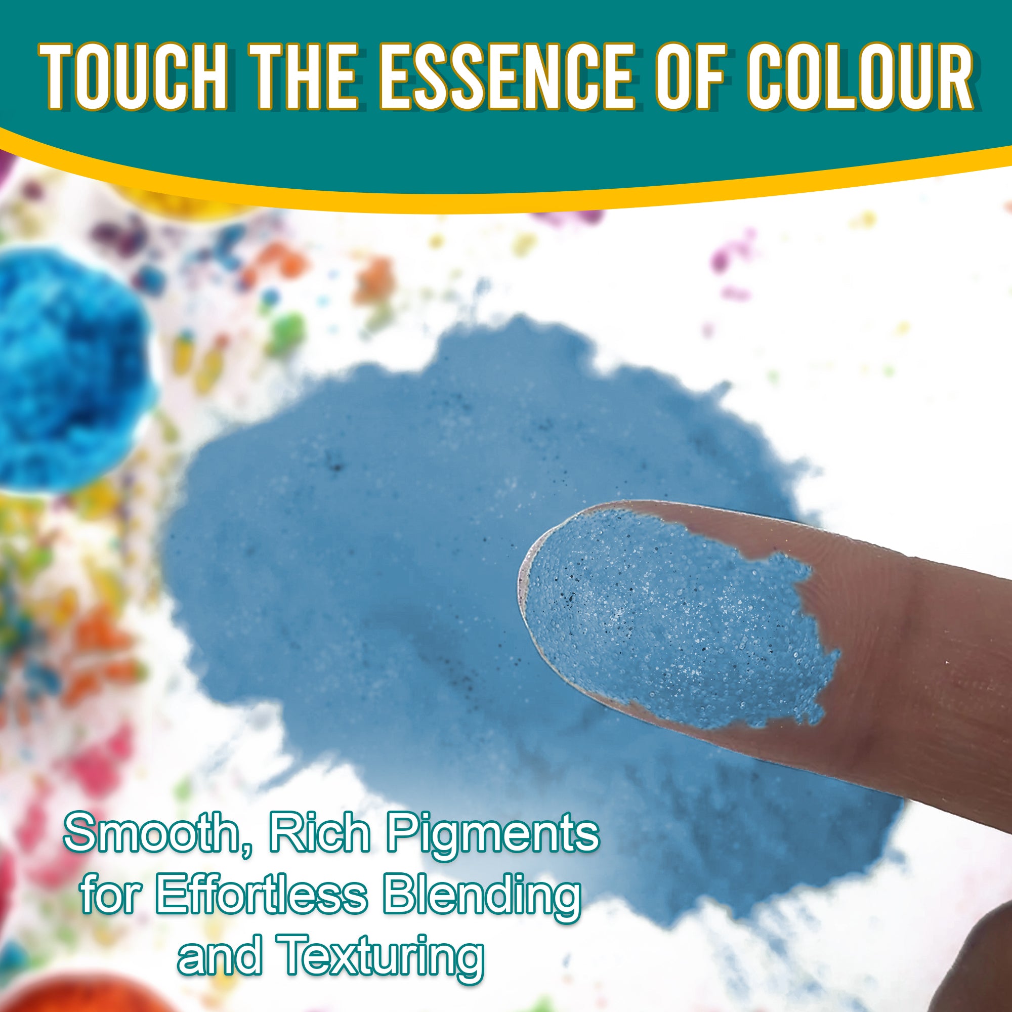 Close-up of a fingertip dipped in smooth, rich Blue Steel pigment powder against a background of colourful pigments, emphasizing effortless blending and texturing.