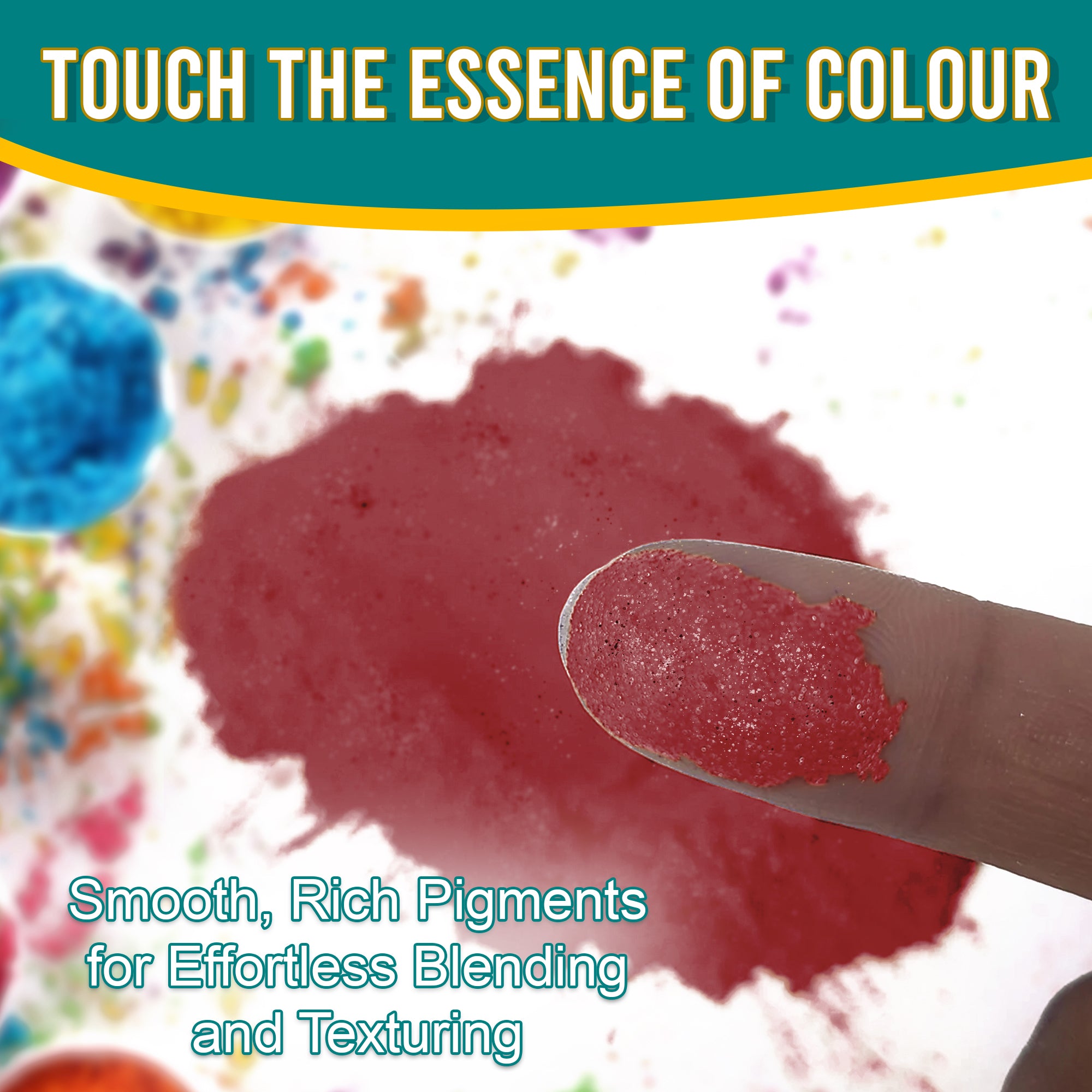 Close-up of a fingertip dipped in smooth, rich Burgundy pigment powder against a background of colourful pigments, emphasizing effortless blending and texturing.