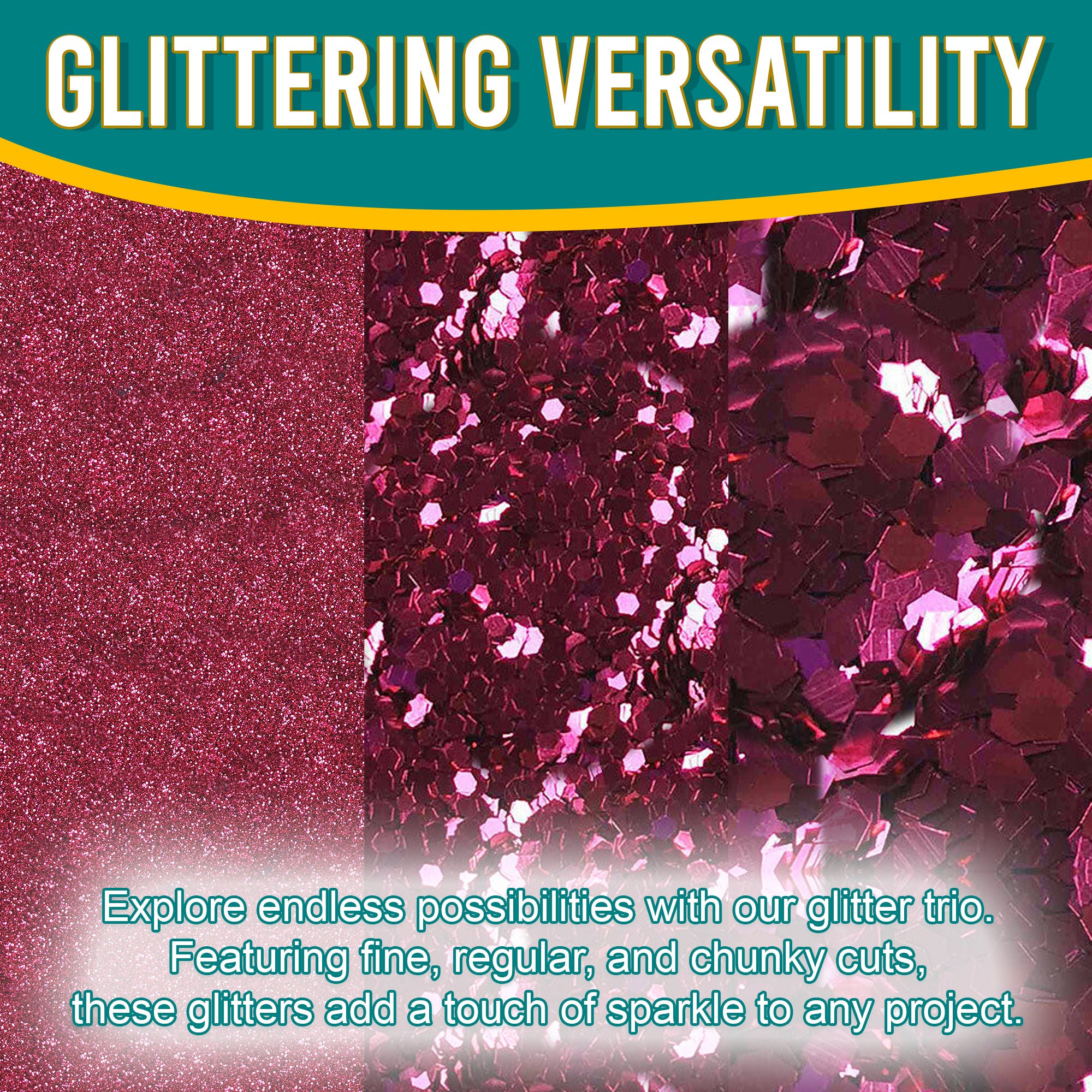 2.	Close-up of Metallic Cerise Pink Glitter Trio by Pretty Things London - Fine, Regular, Chunky