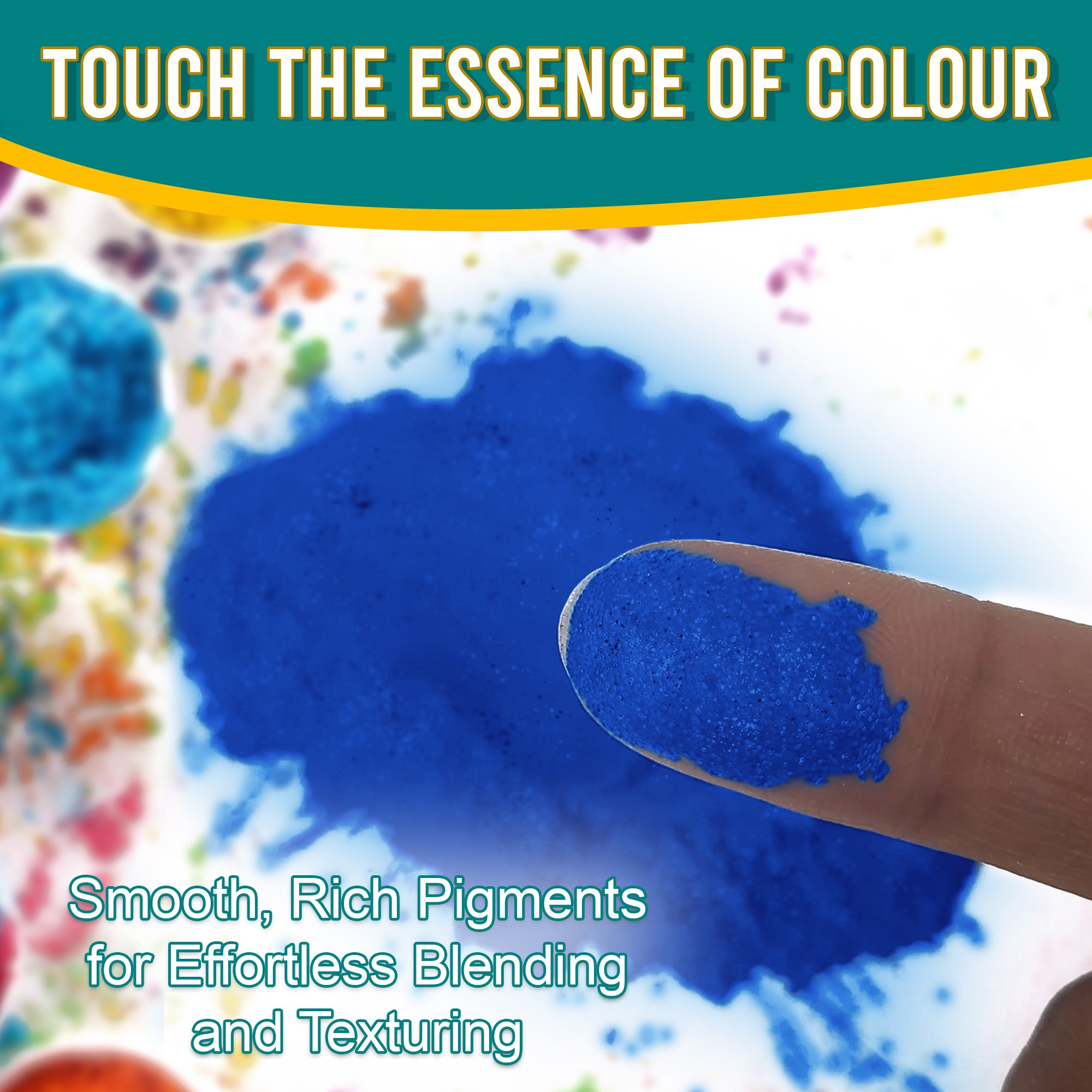 Close-up of a fingertip dipped in smooth, rich Dark Magic Blue pigment powder against a background of colourful pigments, emphasizing effortless blending and texturing.