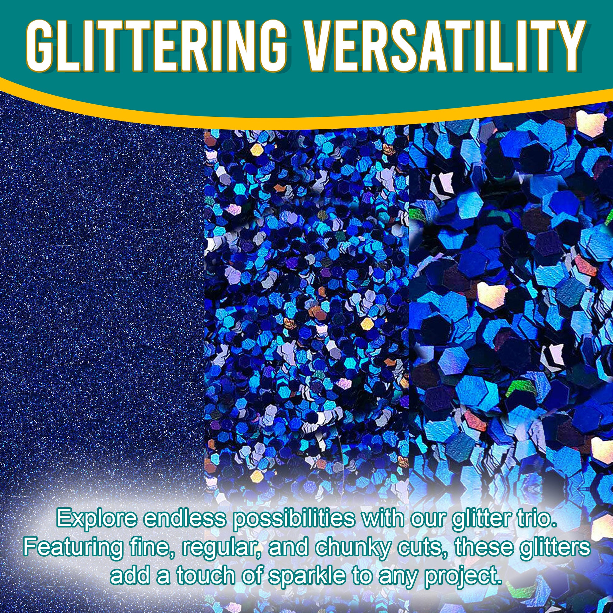 2.	Versatile Showcase - Egyptian Blue Glitter Trio with Fine, Regular, and Chunky Cuts