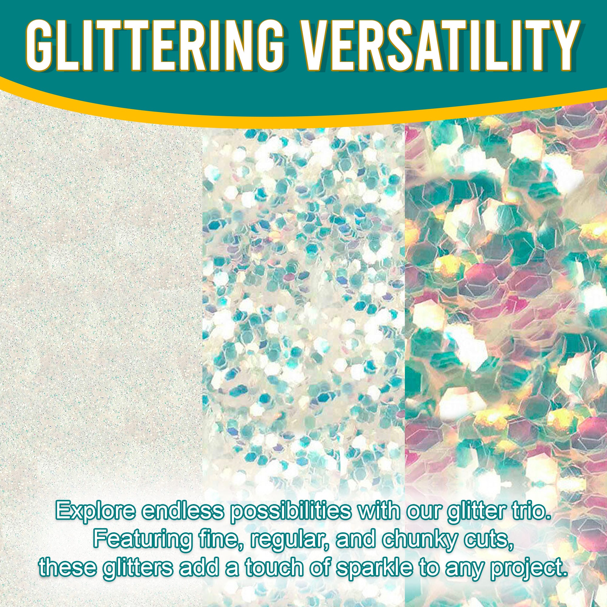 2.	Versatile Showcase - Iridescent Gold Multi Glitter Trio with Fine, Regular, and Chunky Cuts