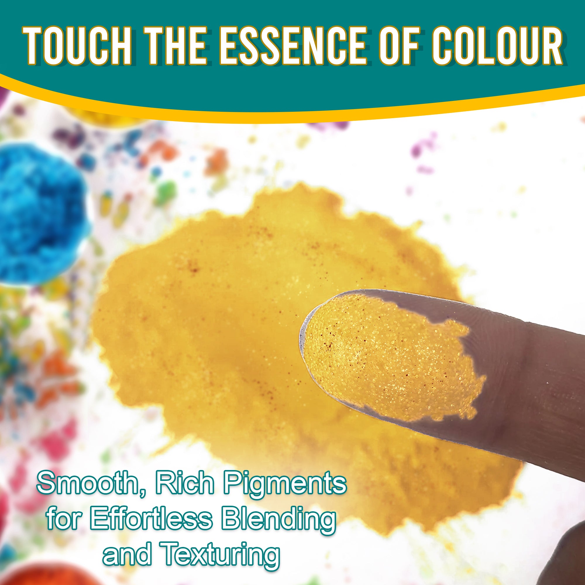 Close-up of a fingertip dipped in smooth, rich Gold Shimmer pigment powder against a background of colourful pigments, emphasizing effortless blending and texturing.