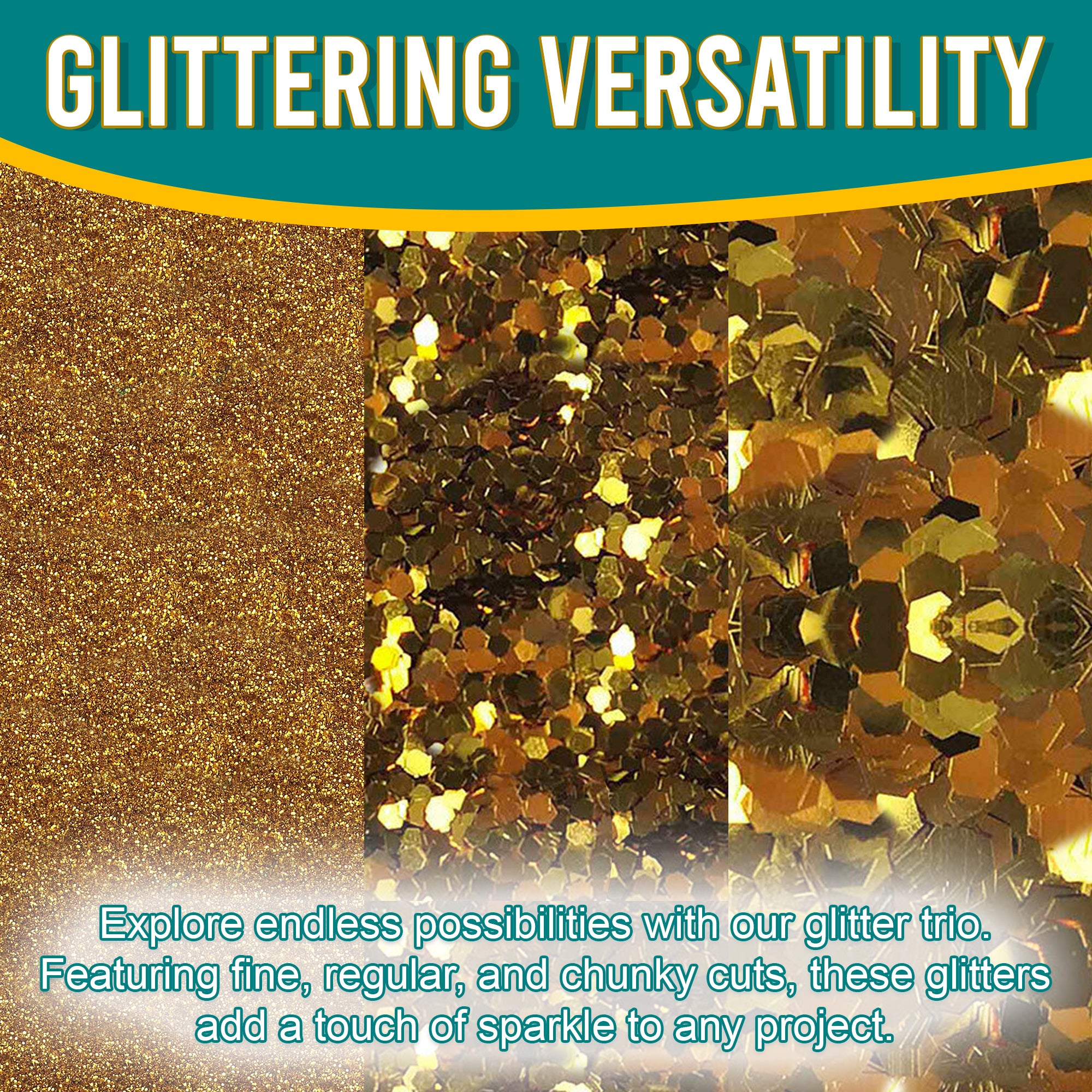 2.	Close-up of Metallic Gold Glitter Trio by Pretty Things London - Fine, Regular, Chunky