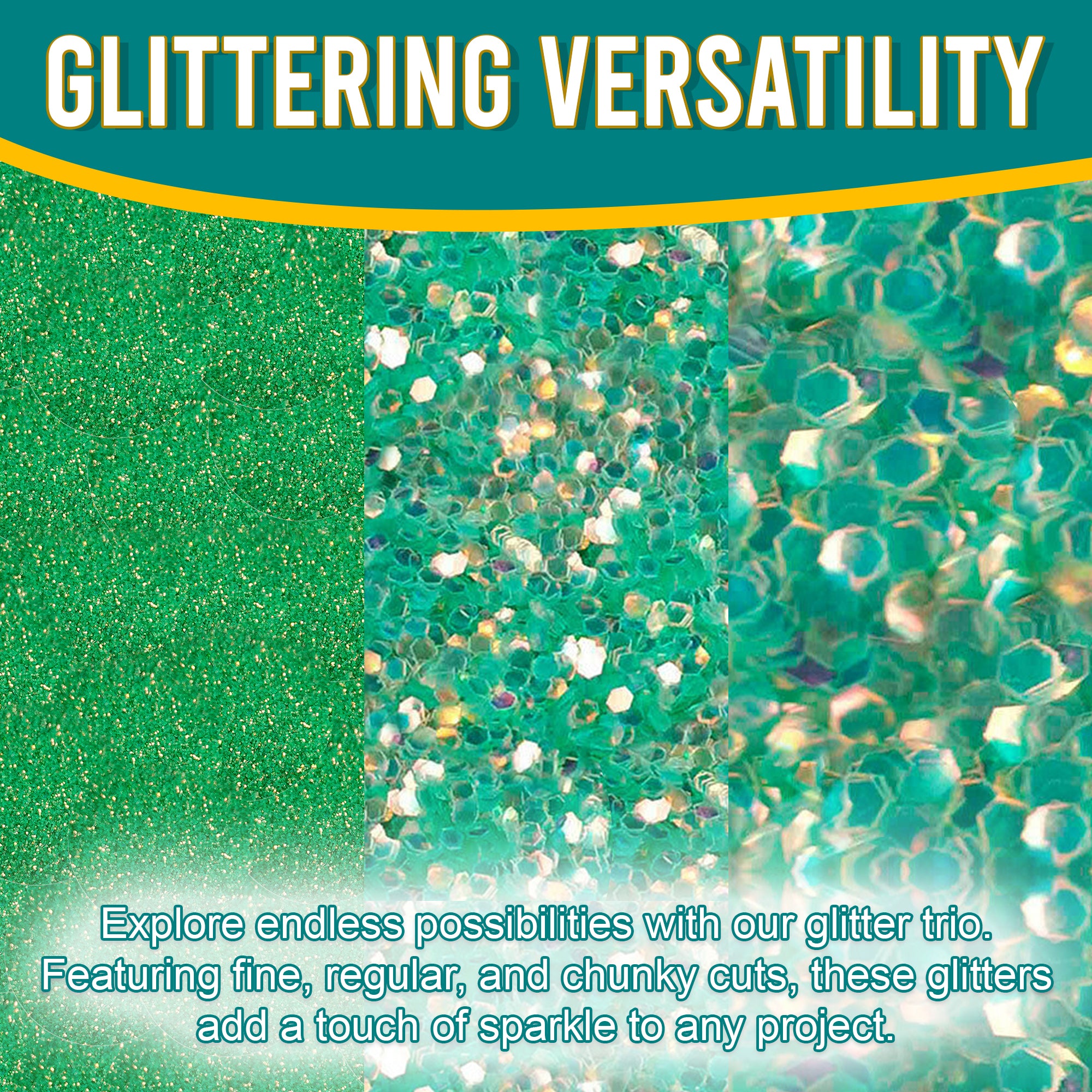 2.	Versatile Showcase - Green Gold Glitter Trio with Fine, Regular, and Chunky Cuts