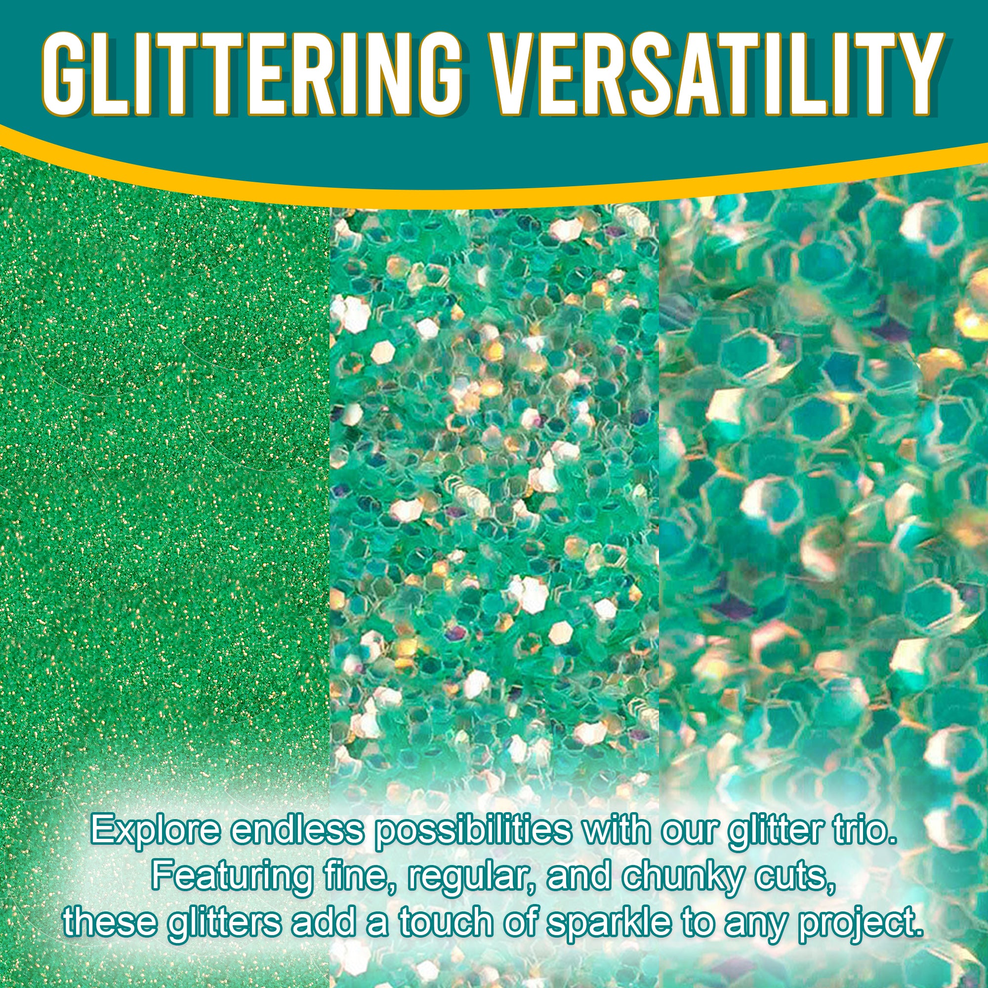 2.	Versatile Showcase - Iridescent Green Gold Glitter Trio with Fine, Regular, and Chunky Cuts