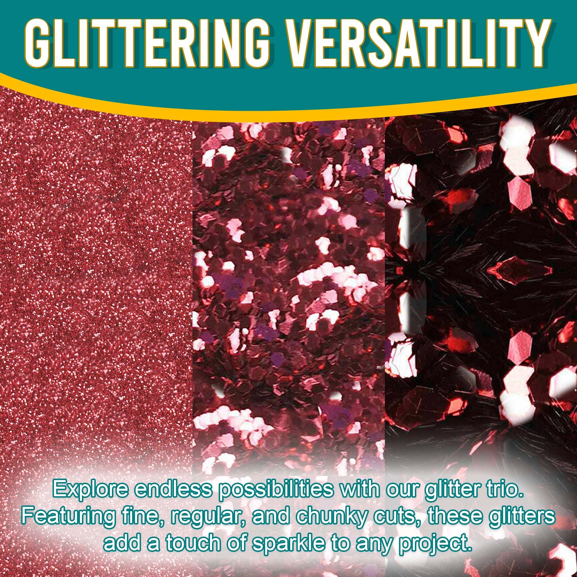 2.	Close-up of Metallic Hibiscus Red Glitter Trio by Pretty Things London - Fine, Regular, Chunky